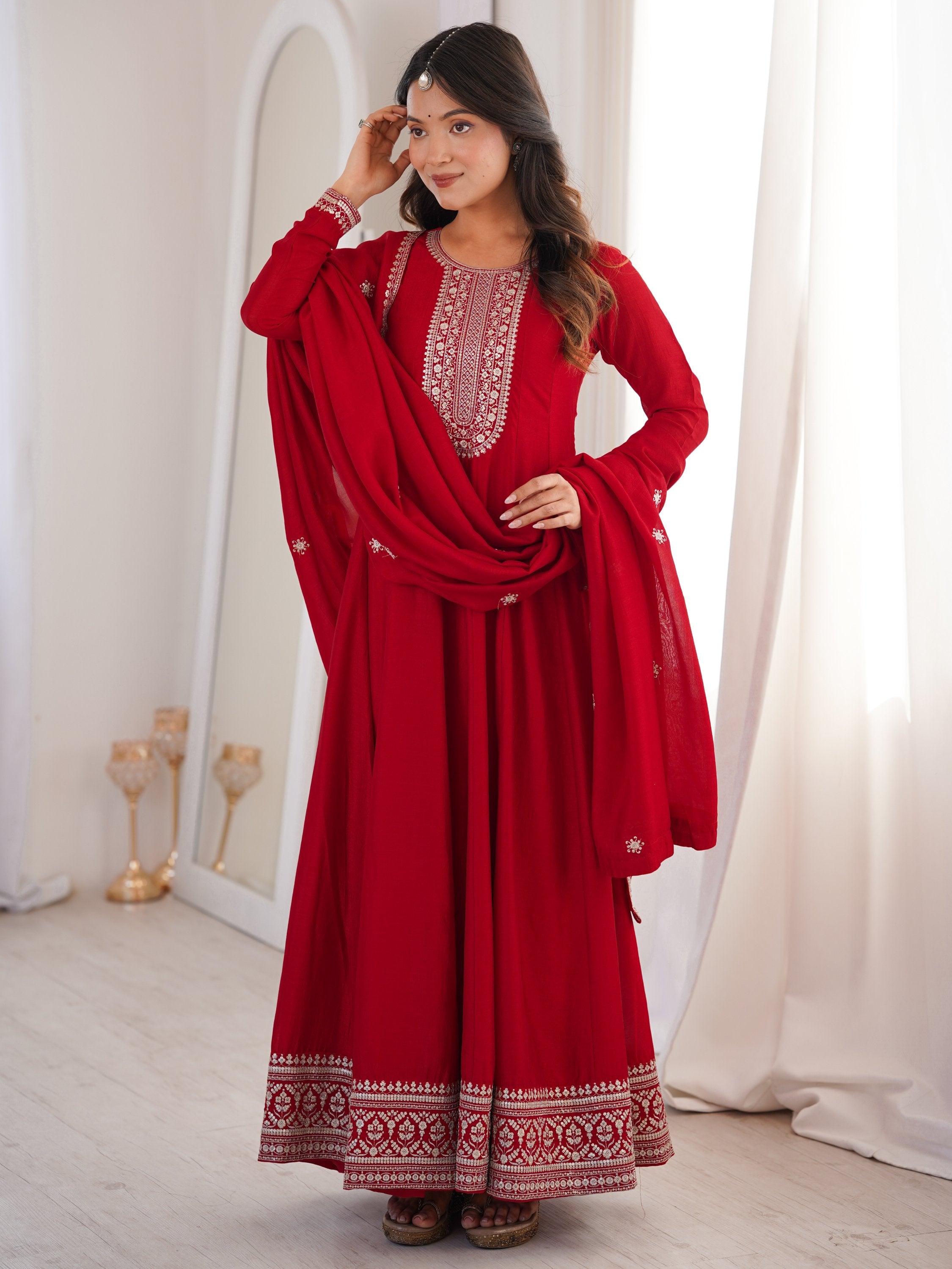 Engaging Red Zari Work Silk Reception Wear Gown With Dupatta