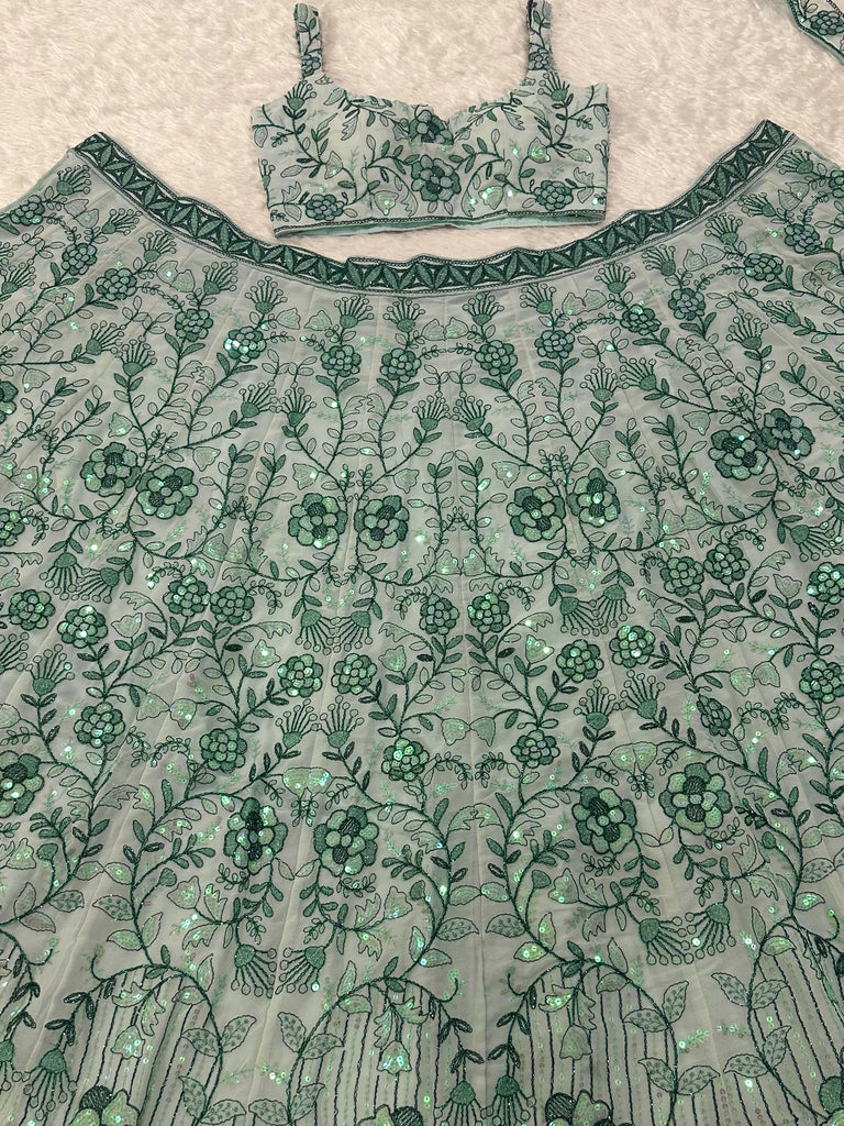 Terrific Sea Green Sequins Georgette Sangeet Wear Lehenga With Blouse