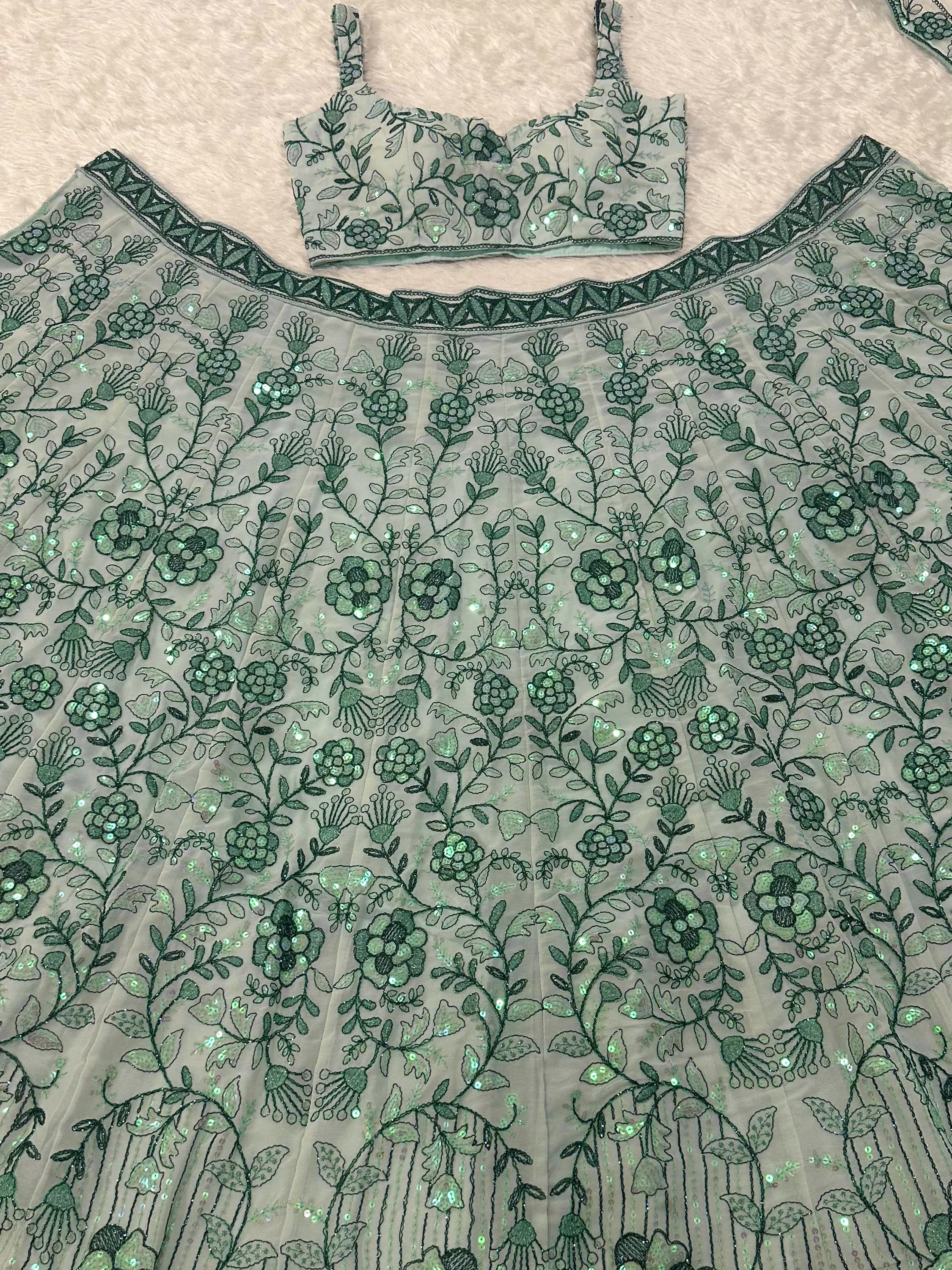 Terrific Sea Green Sequins Georgette Sangeet Wear Lehenga With Blouse