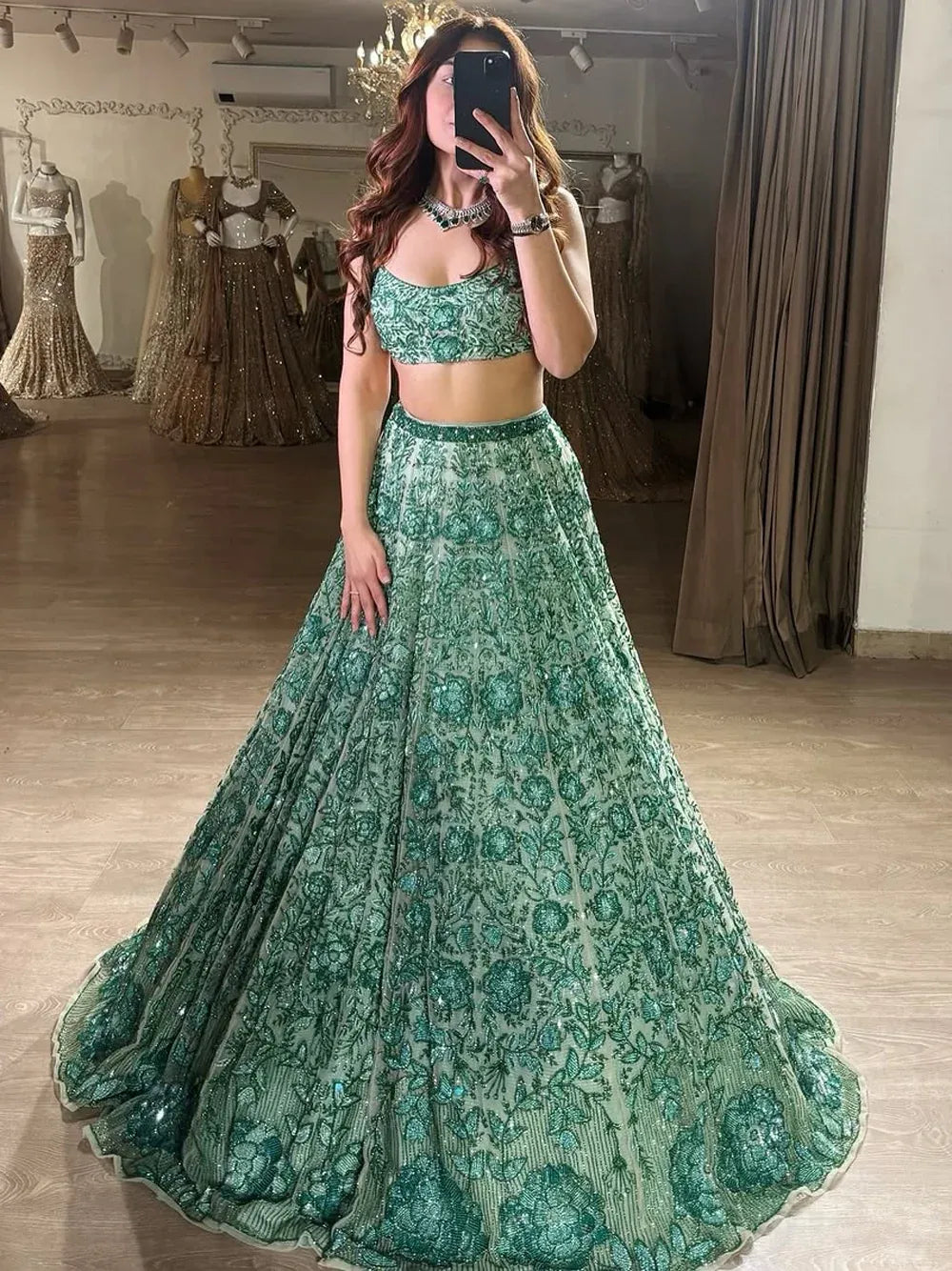 Terrific Sea Green Sequins Georgette Sangeet Wear Lehenga With Blouse