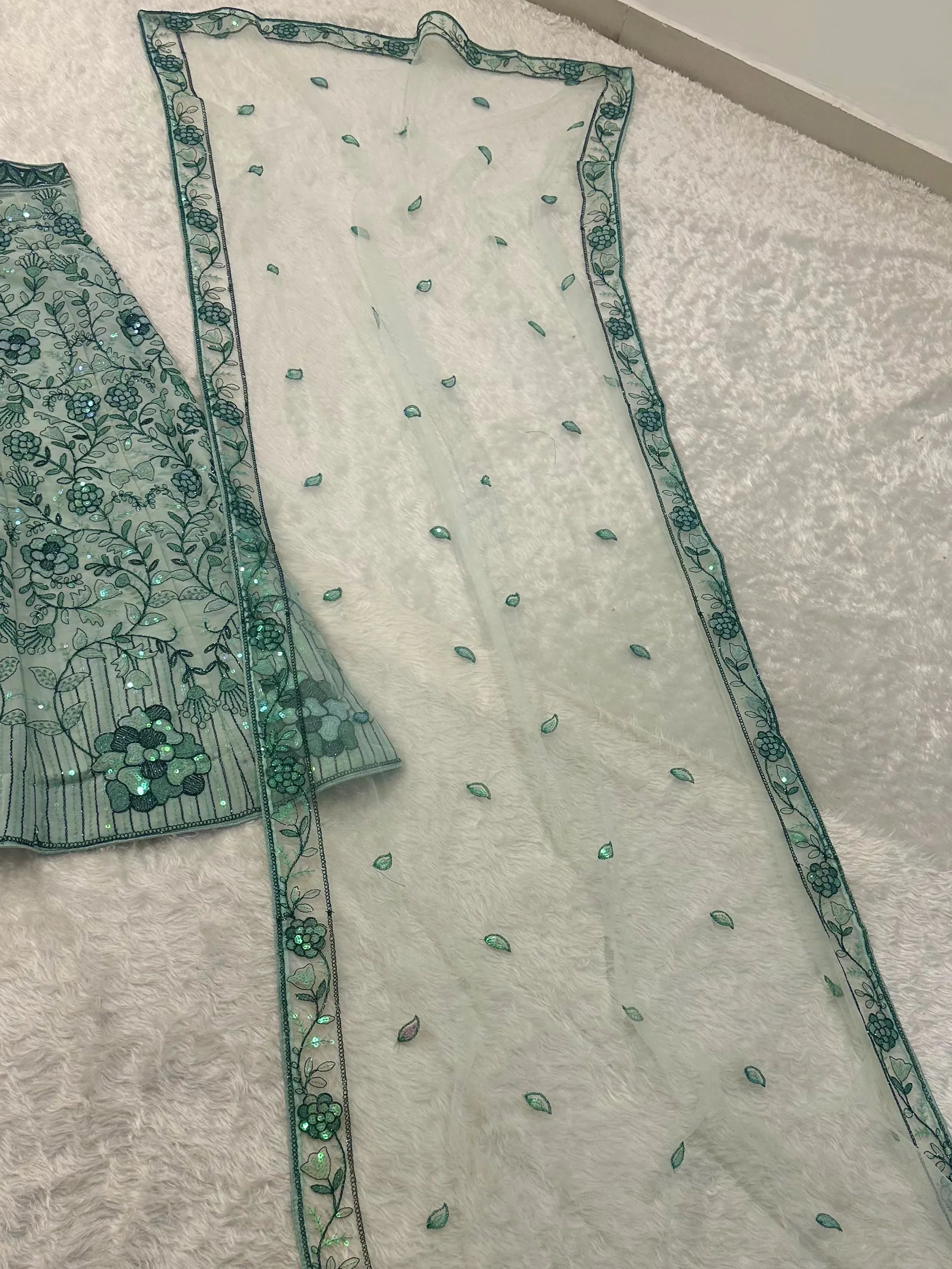 Terrific Sea Green Sequins Georgette Sangeet Wear Lehenga With Blouse