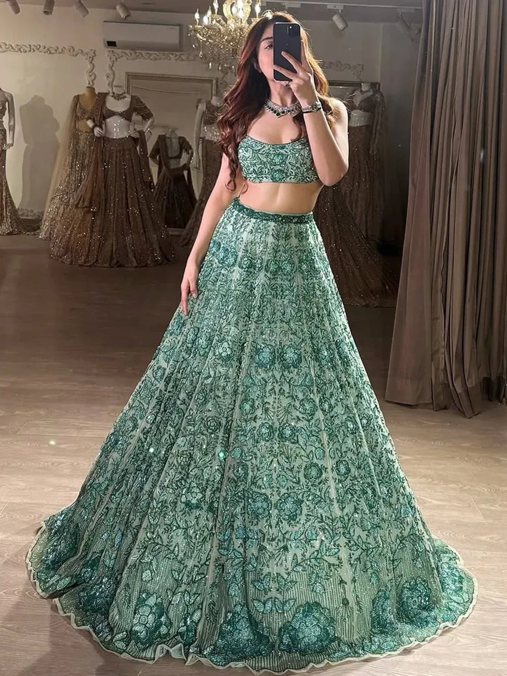 Terrific Sea Green Sequins Georgette Sangeet Wear Lehenga With Blouse