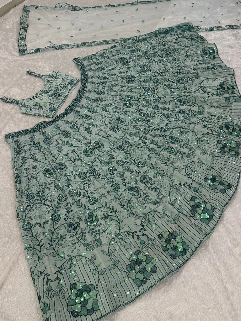 Terrific Sea Green Sequins Georgette Sangeet Wear Lehenga With Blouse