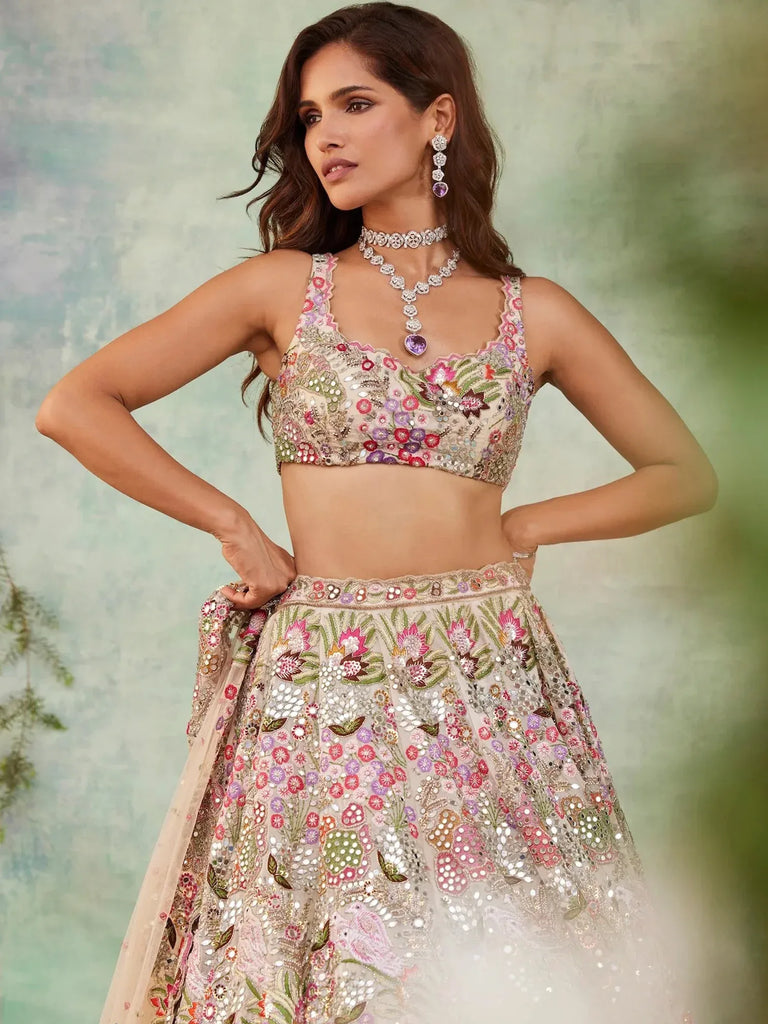 Grand Off-White Floral Embroidery Georgette Reception Wear Lehenga Choli