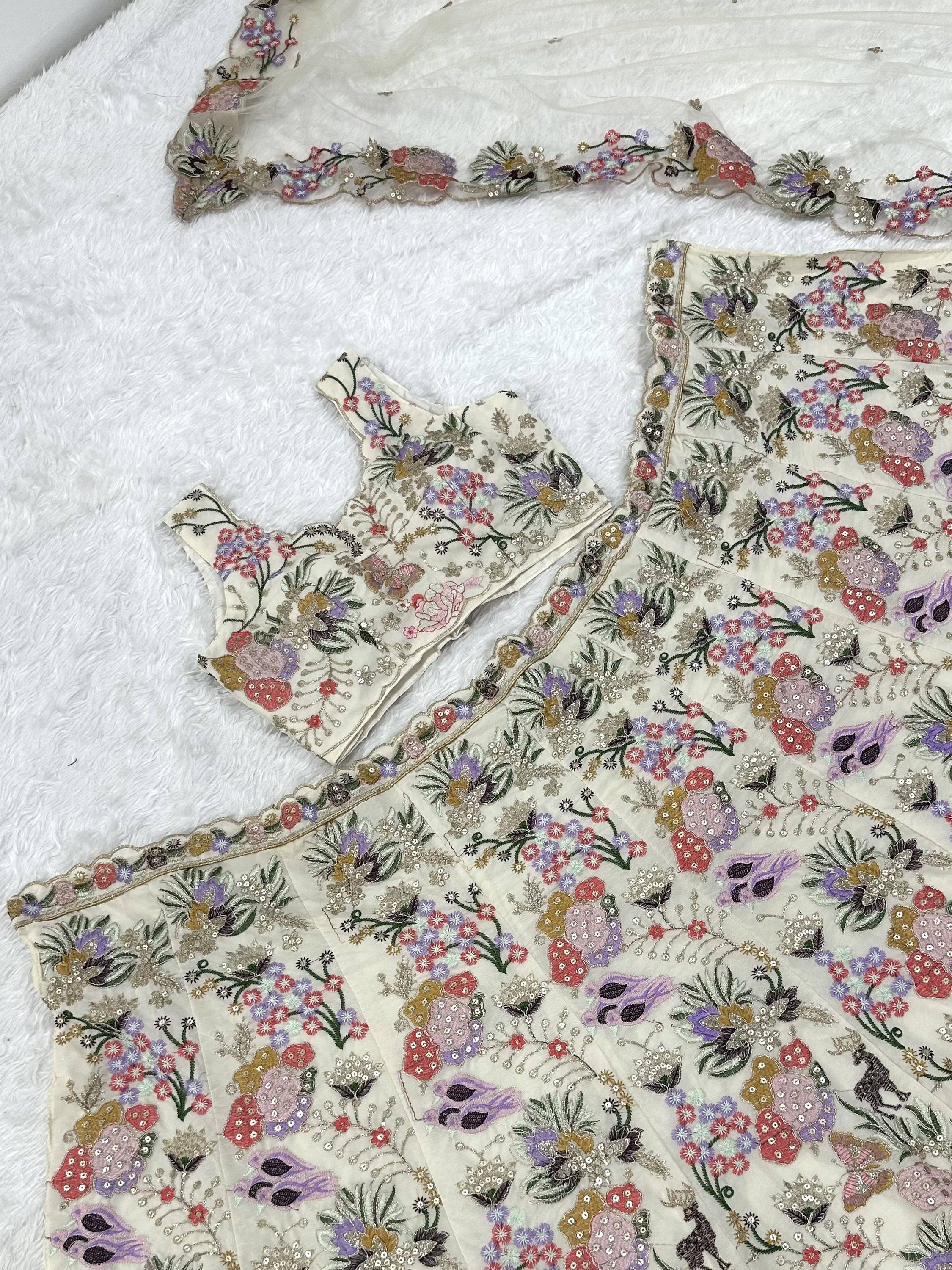 Grand Off-White Floral Embroidery Georgette Reception Wear Lehenga Choli