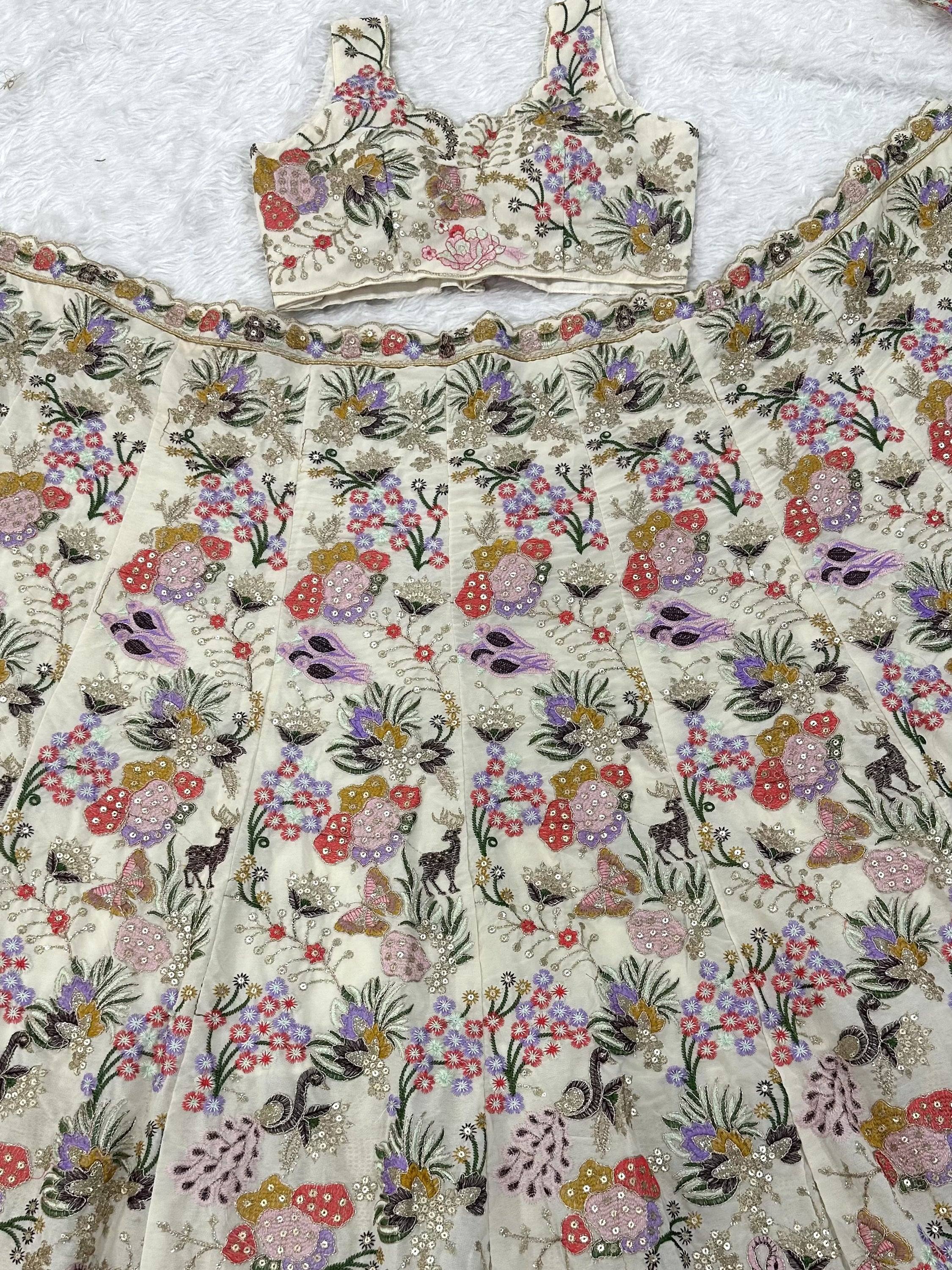 Grand Off-White Floral Embroidery Georgette Reception Wear Lehenga Choli