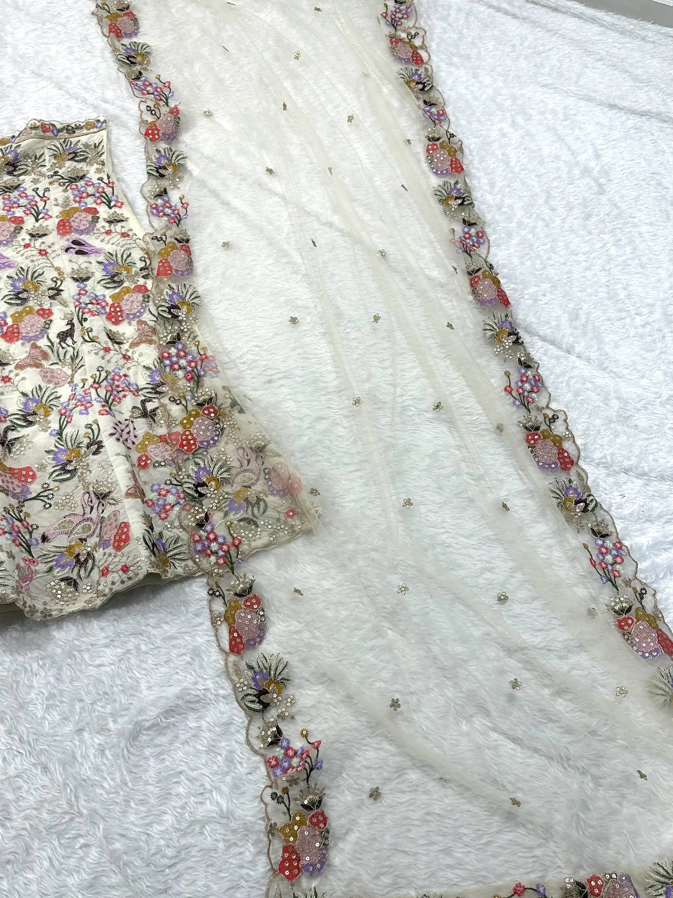 Grand Cream Floral Embroidery Georgette Reception Wear Lehenga Choli