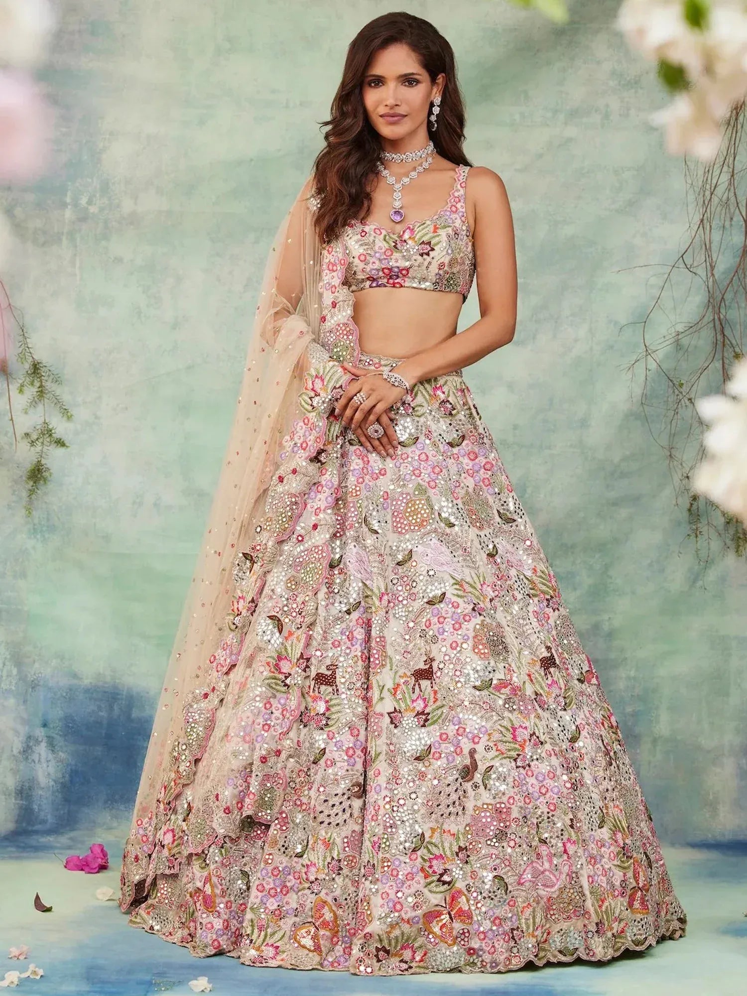 Grand Off-White Floral Embroidery Georgette Reception Wear Lehenga Choli