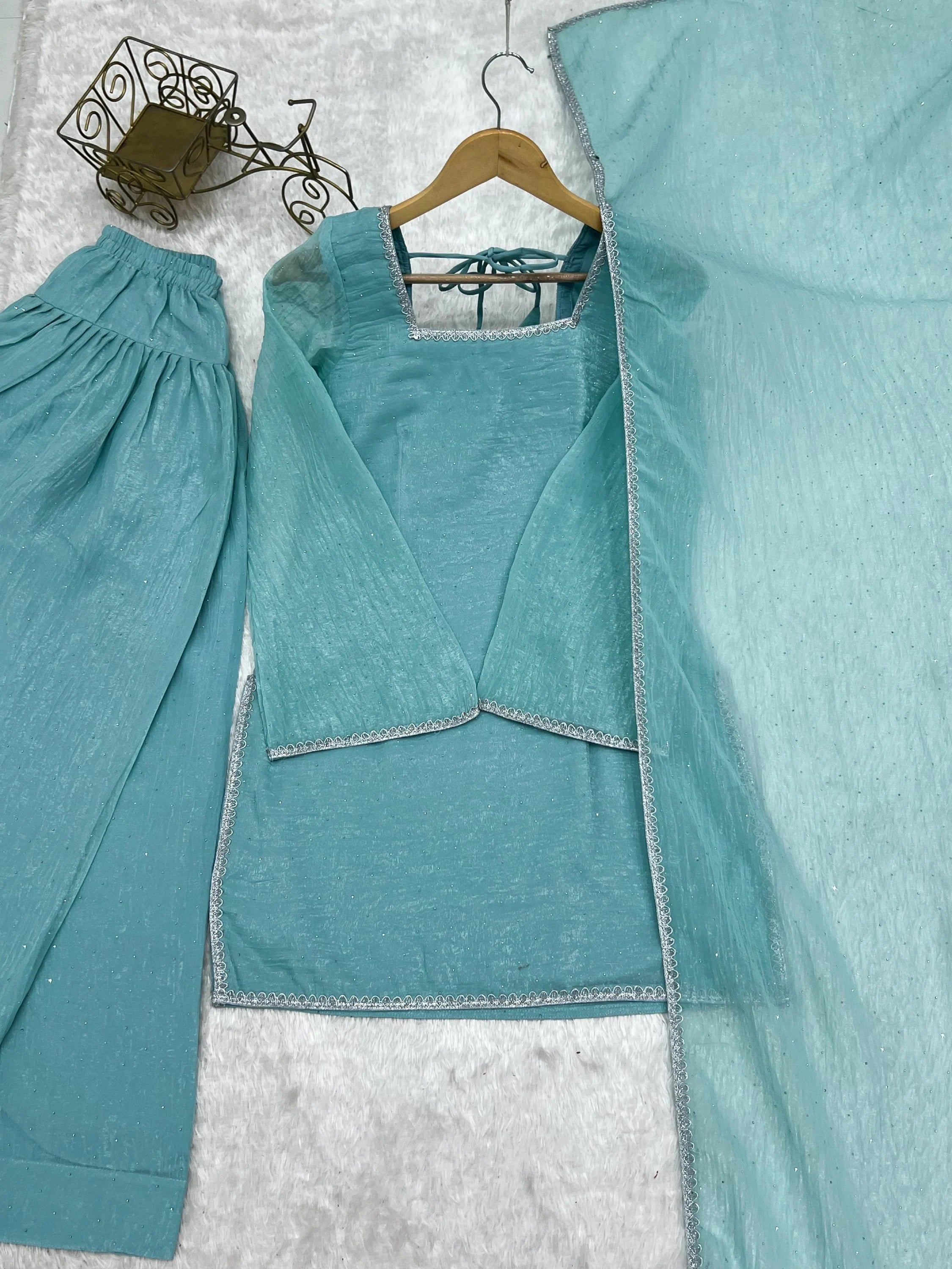 Stunning Sky Blue Lace Work Silk Wedding Wear Salwar Suit