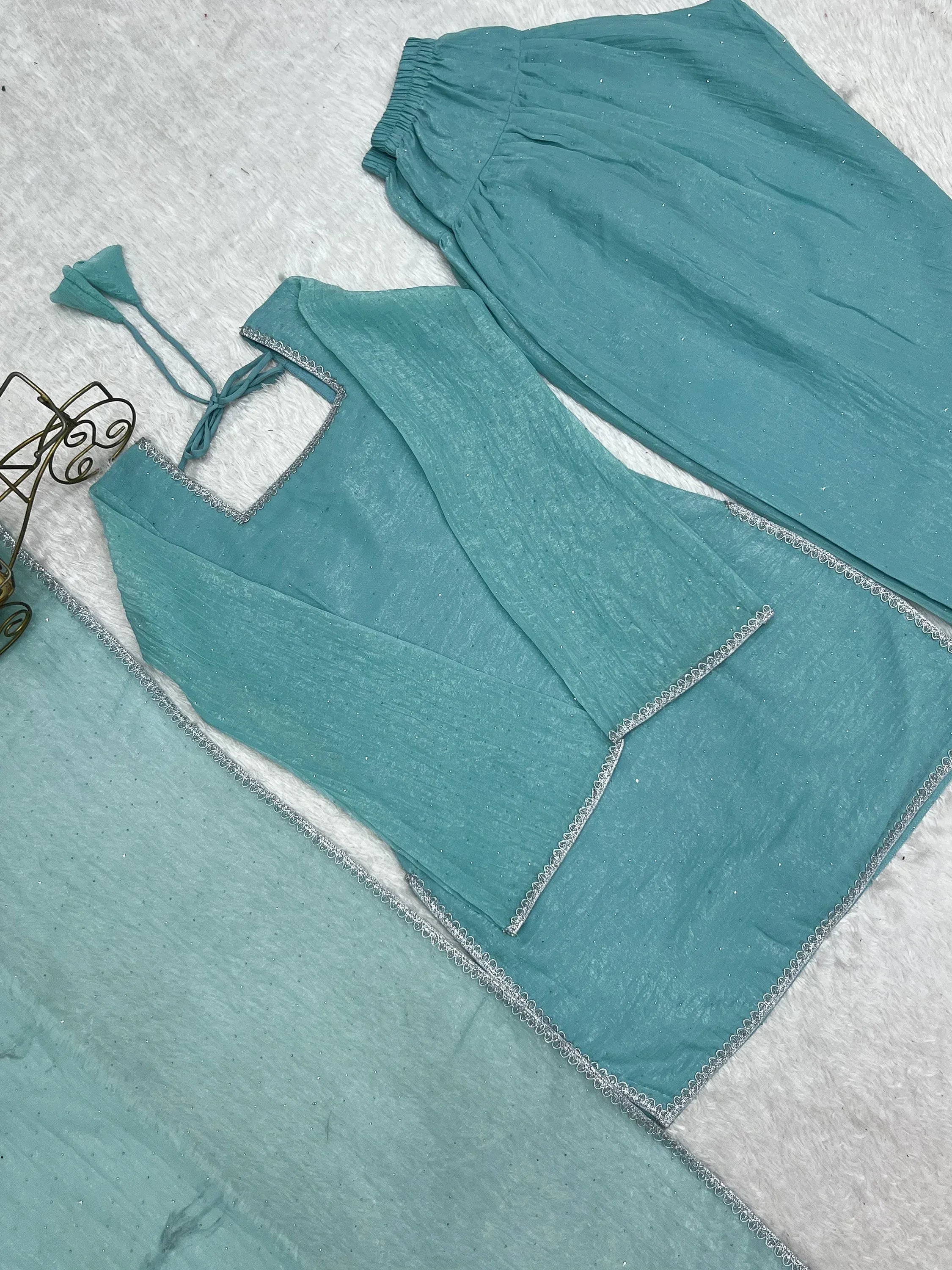 Stunning Sky Blue Lace Work Silk Wedding Wear Salwar Suit
