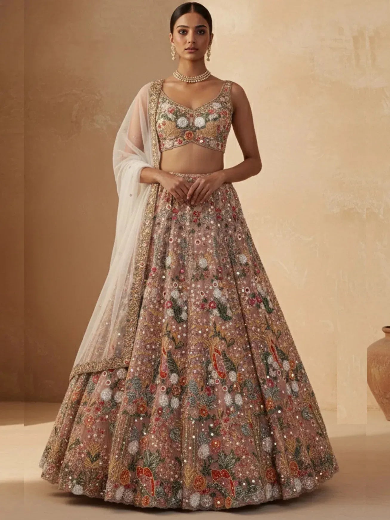 Notable Dusty Peach Dori Embroidered Net Party Wear Lehenga Choli