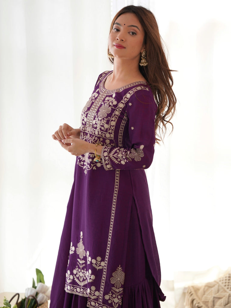Attractive Purple Embroidered Chinon Wedding Wear Sharara Suit