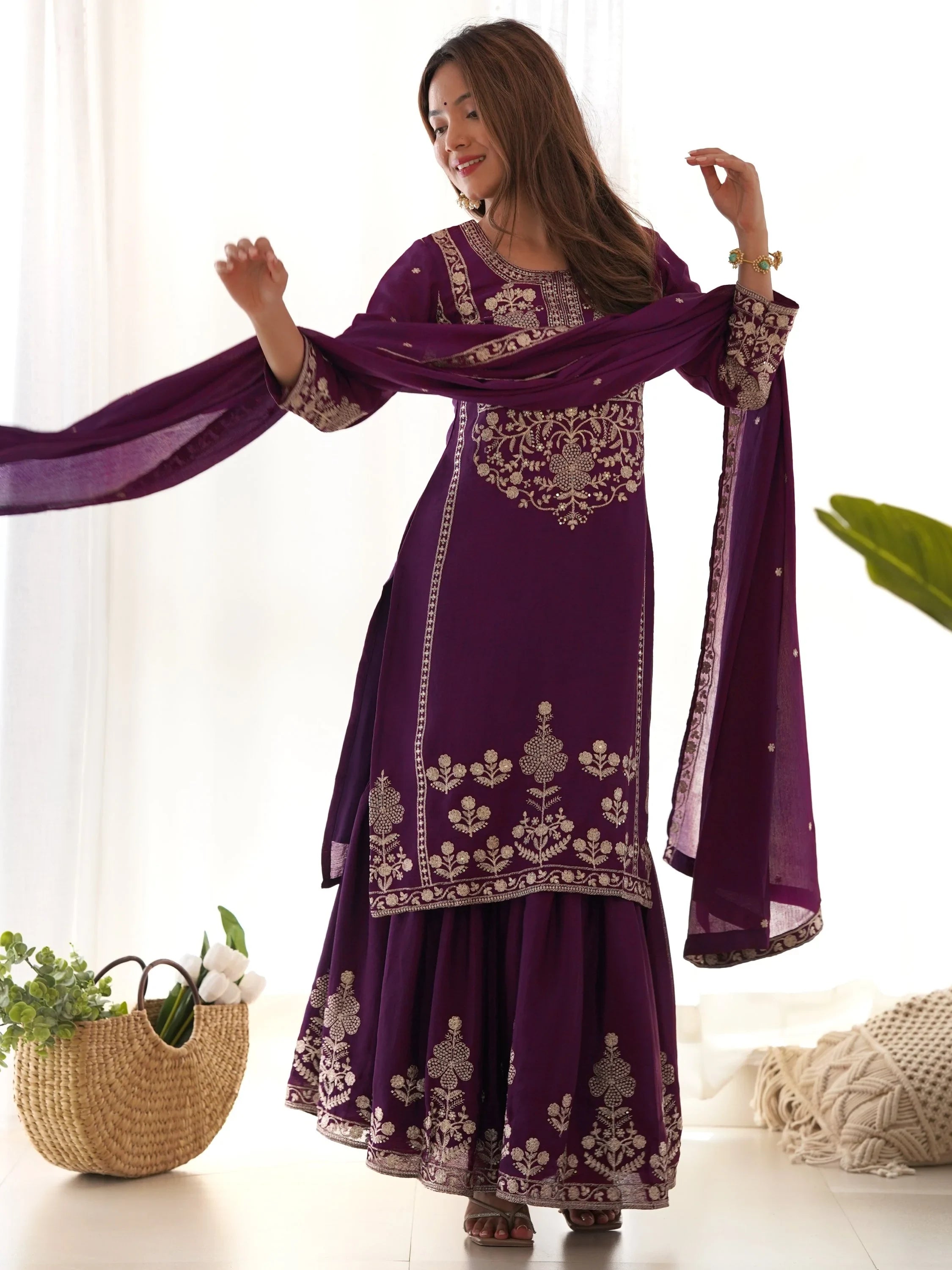 Attractive Purple Embroidered Chinon Wedding Wear Sharara Suit