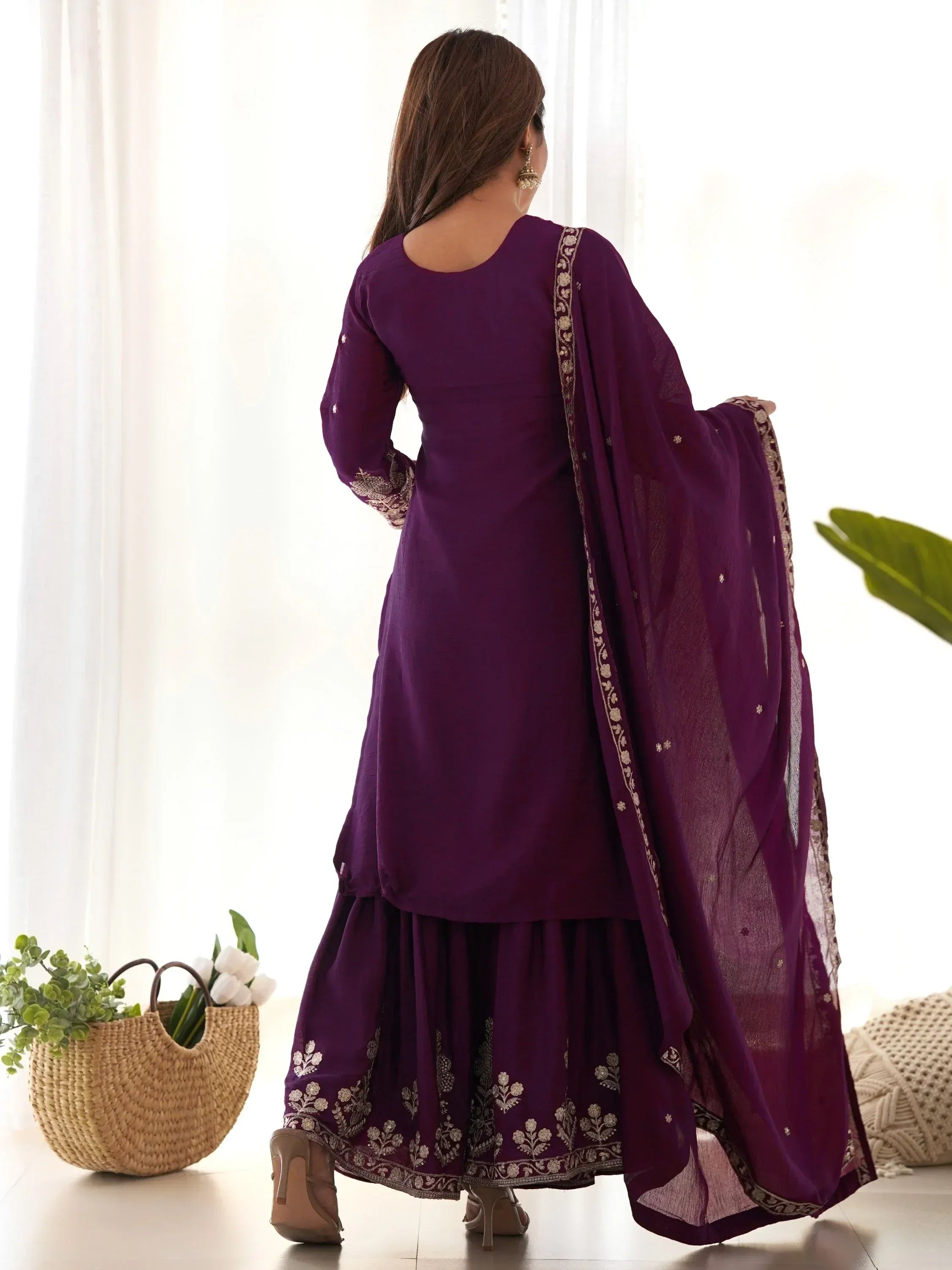 Attractive Purple Embroidered Chinon Wedding Wear Sharara Suit