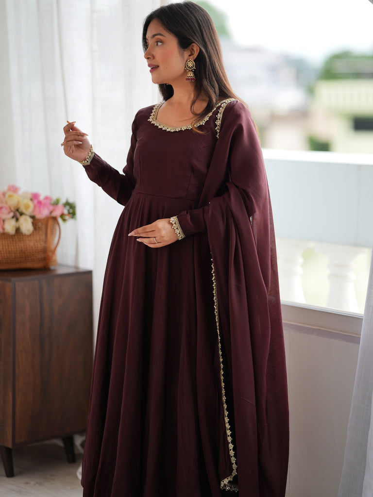 Spectacular Dark Brown Mirror Laced Chanderi Festive Wear Anarkali Suit