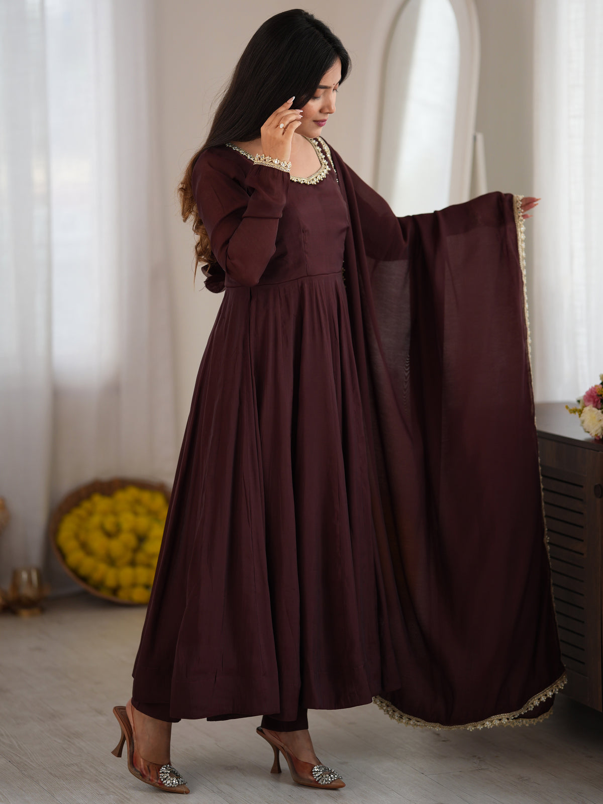 Spectacular Dark Brown Mirror Laced Chanderi Festive Wear Anarkali Suit