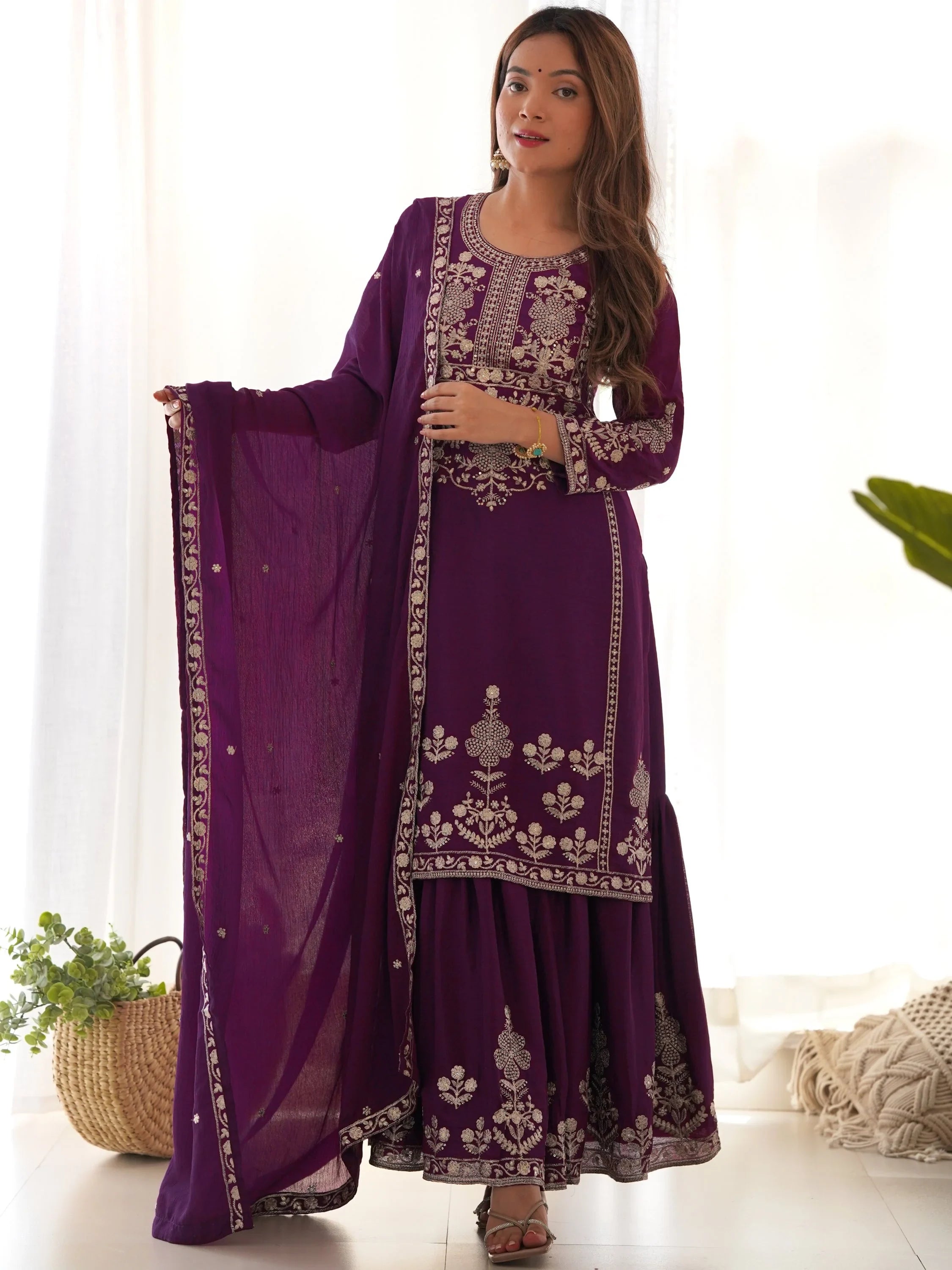 Attractive Purple Embroidered Chinon Wedding Wear Sharara Suit