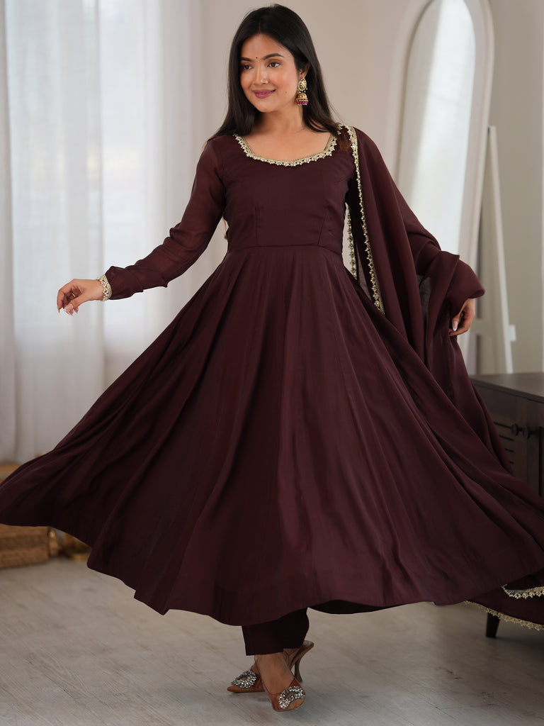 Spectacular Dark Brown Mirror Laced Chanderi Festive Wear Anarkali Suit