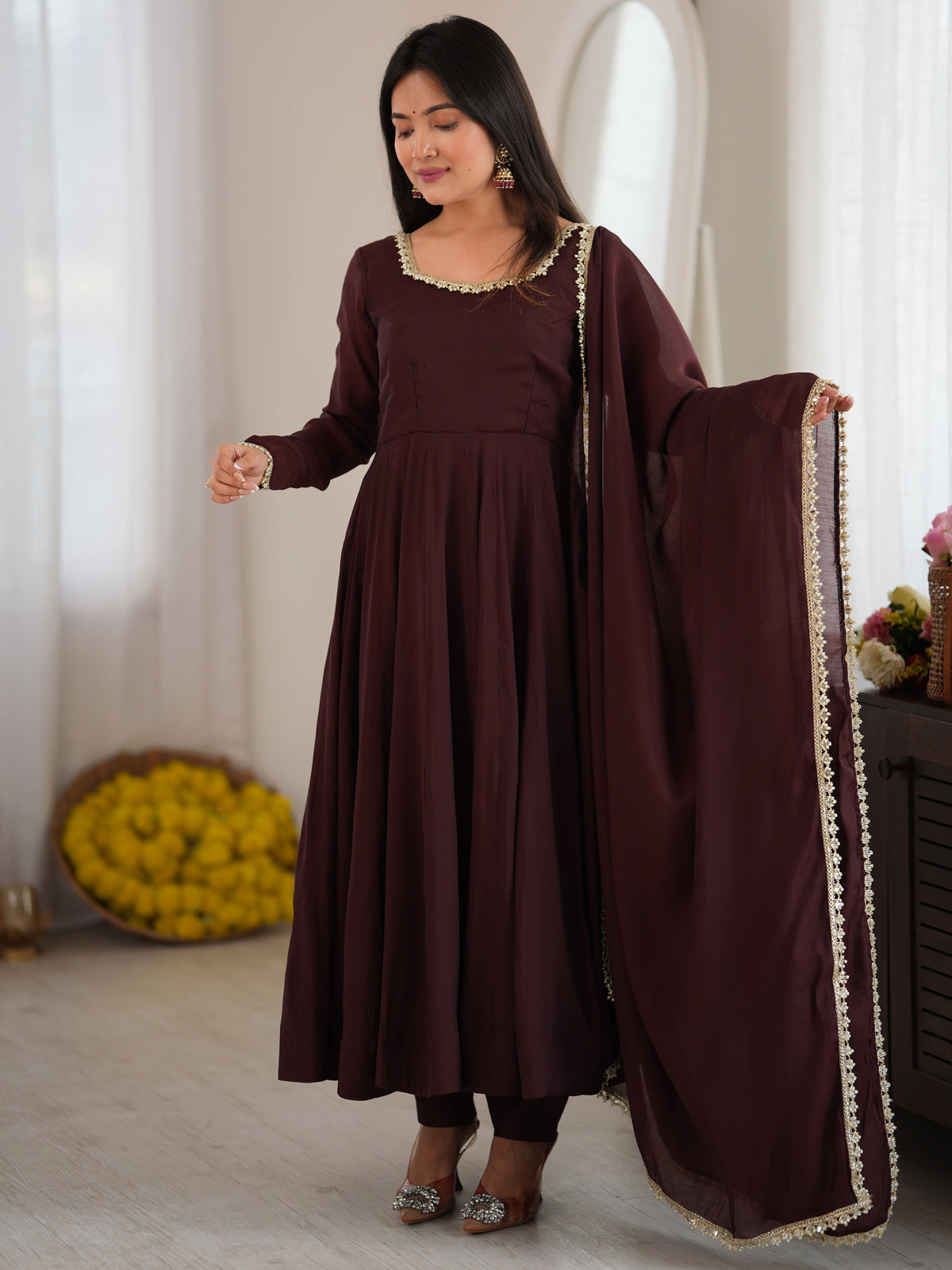 Spectacular Dark Brown Mirror Laced Chanderi Festive Wear Anarkali Suit