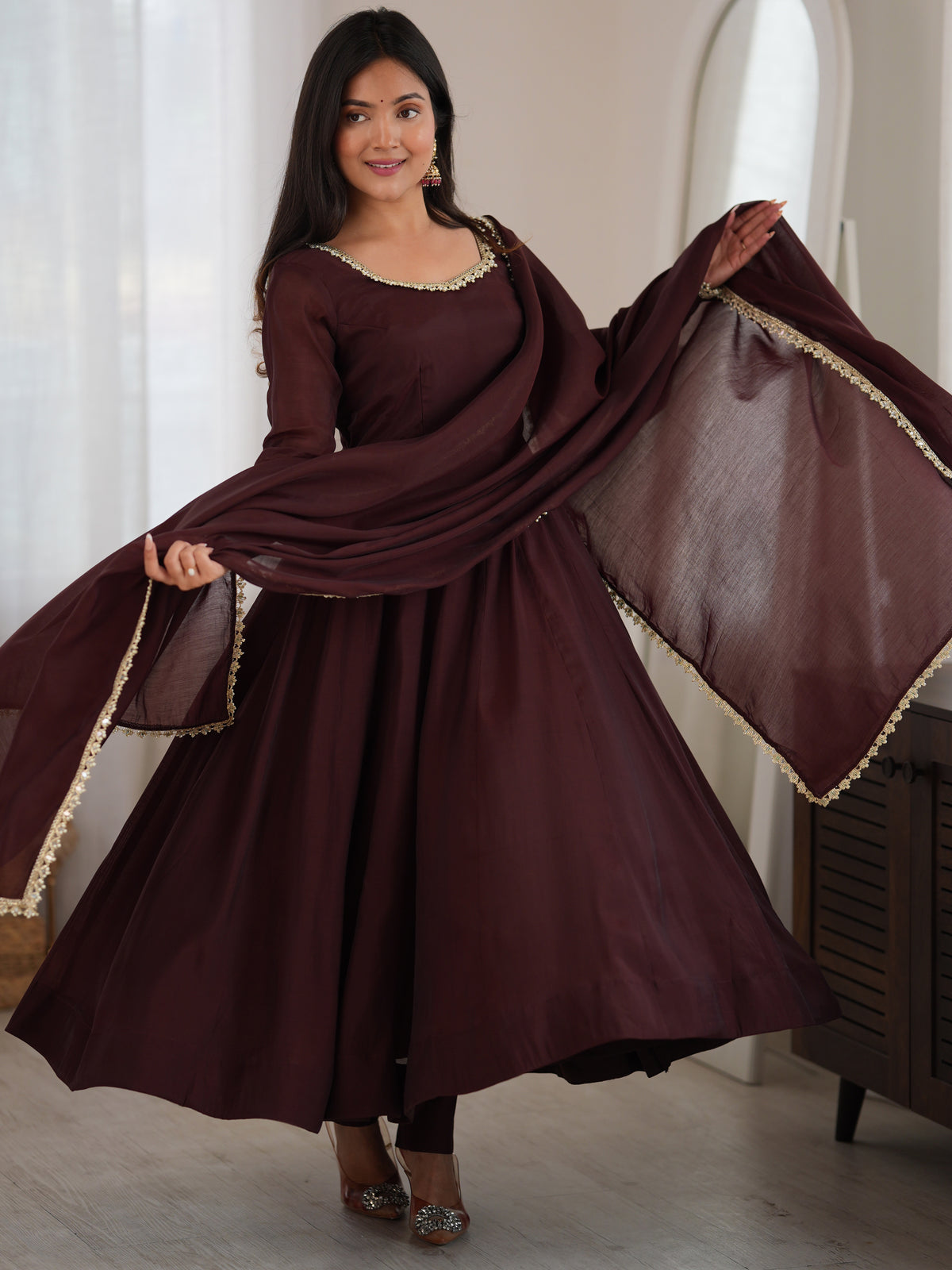 Spectacular Dark Brown Mirror Laced Chanderi Festive Wear Anarkali Suit