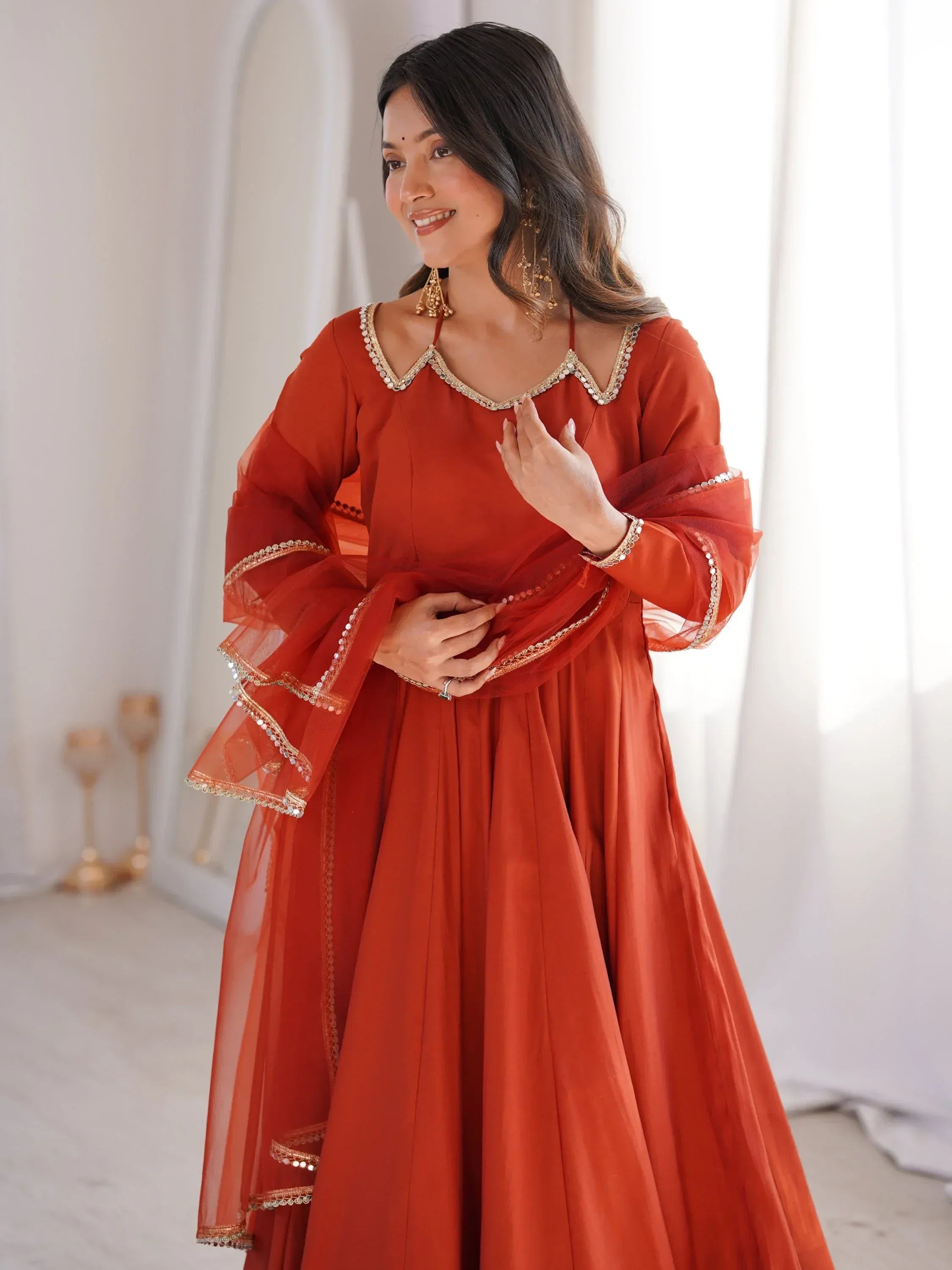 Alluring Rust Orange Lace Work Roman Silk Festive Wear Anarkali Pant Suit