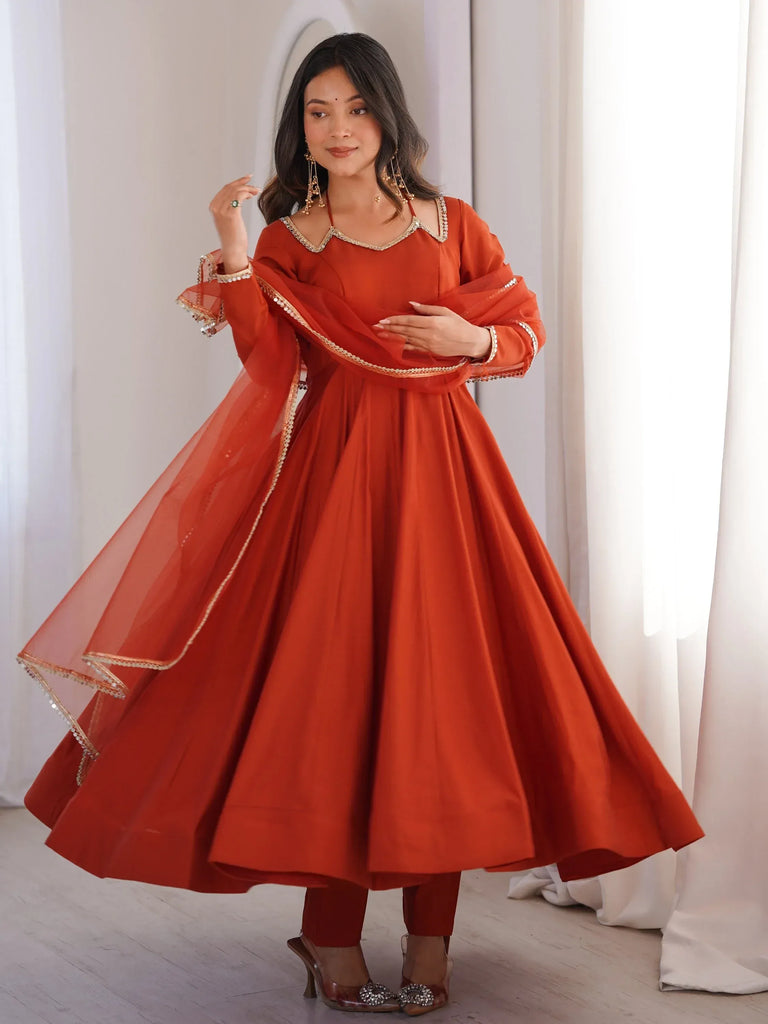 Alluring Rust Orange Lace Work Roman Silk Festive Wear Anarkali Pant Suit