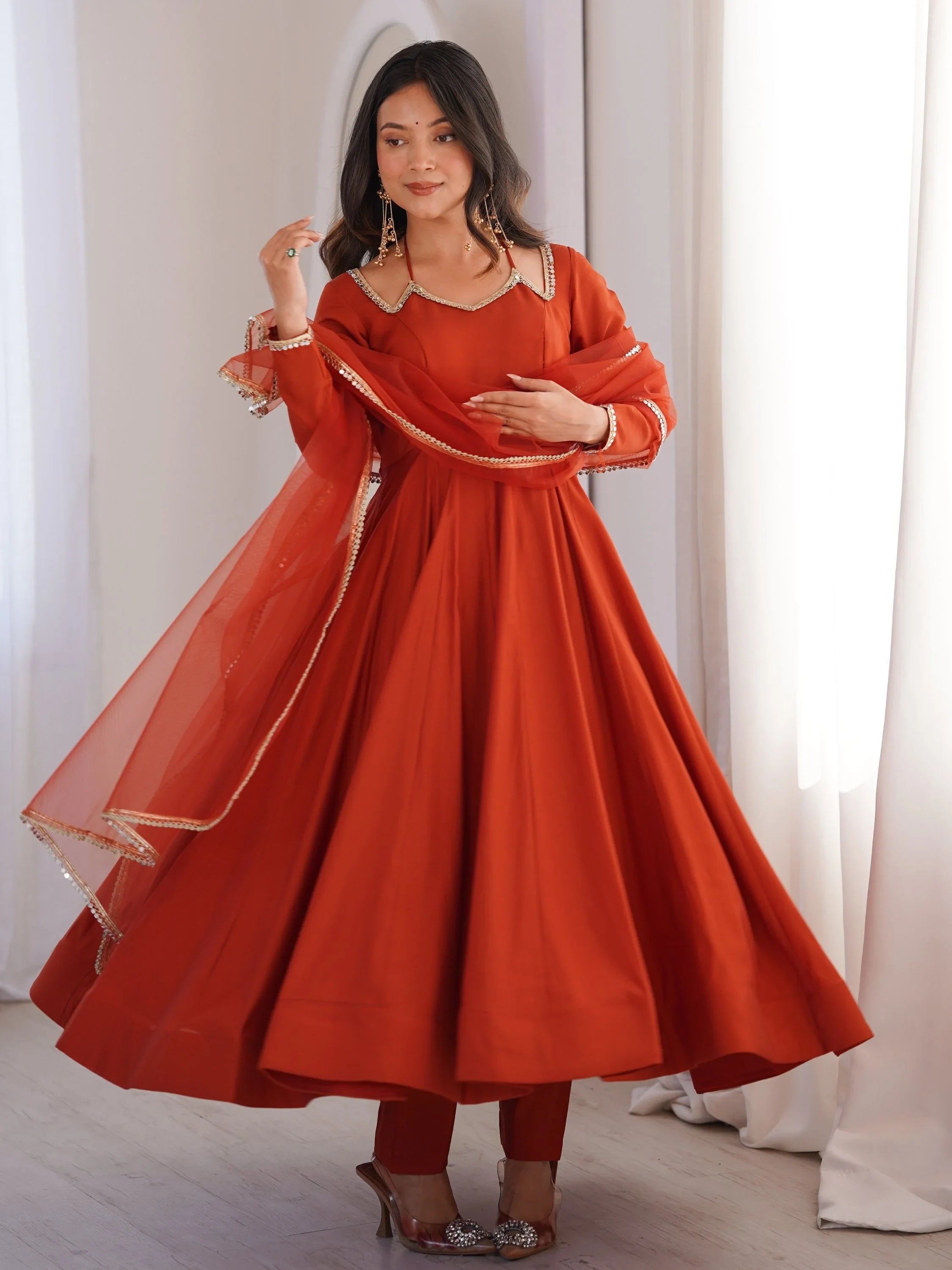Alluring Rust Orange Lace Work Roman Silk Festive Wear Anarkali Pant Suit