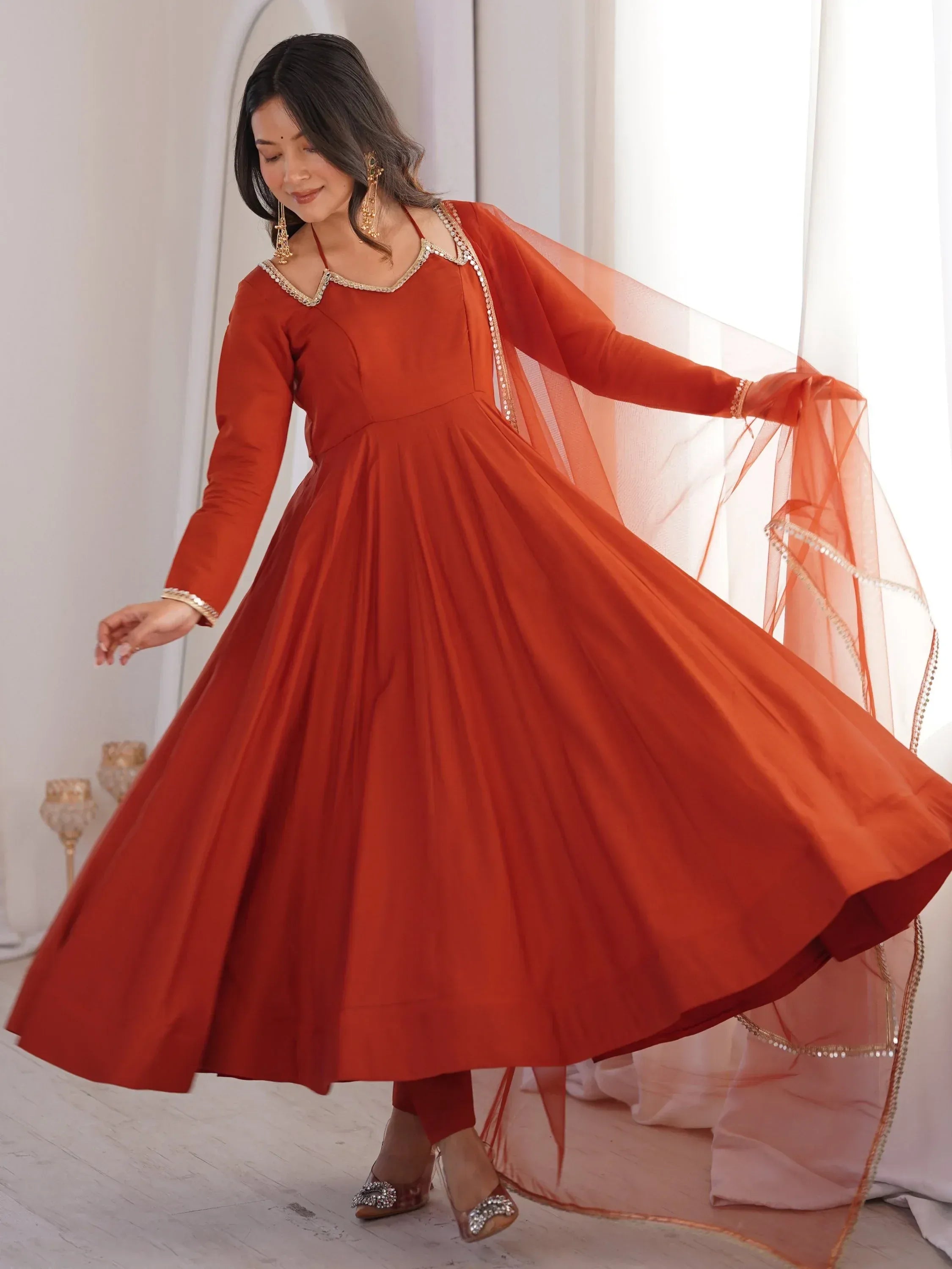 Alluring Rust Orange Lace Work Roman Silk Festive Wear Anarkali Pant Suit