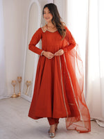 Alluring Rust Orange Lace Work Roman Silk Festive Wear Anarkali Pant Suit