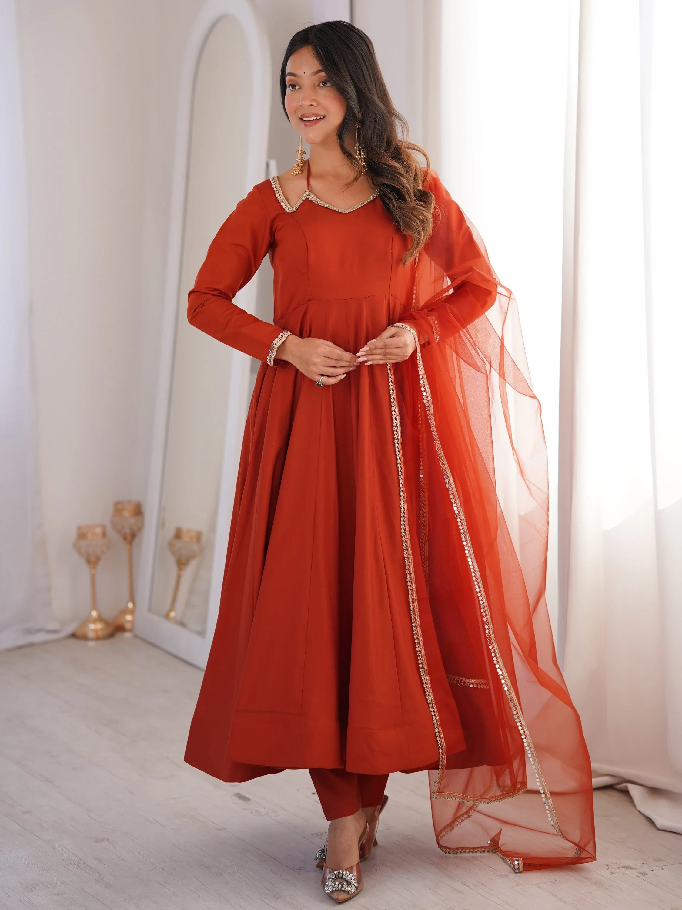 Alluring Rust Orange Lace Work Roman Silk Festive Wear Anarkali Pant Suit