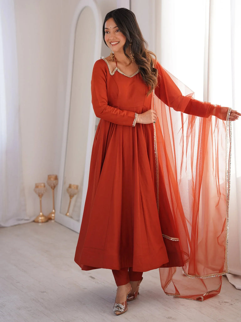 Alluring Rust Orange Lace Work Roman Silk Festive Wear Anarkali Pant Suit