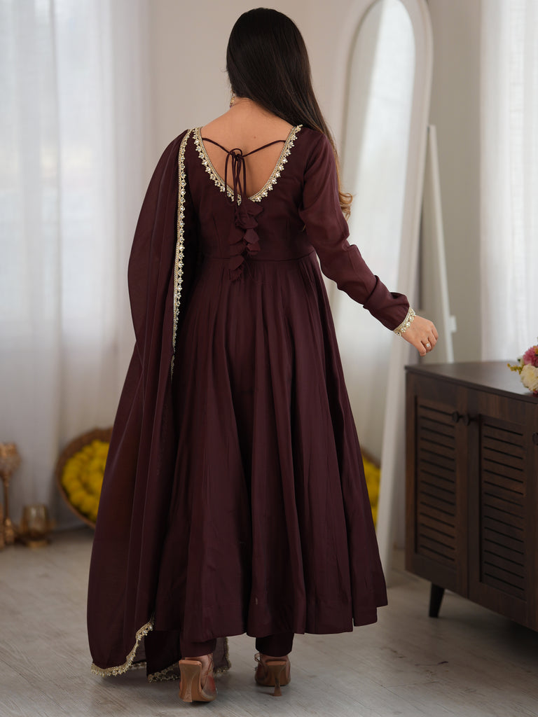 Spectacular Dark Brown Mirror Laced Chanderi Festive Wear Anarkali Suit