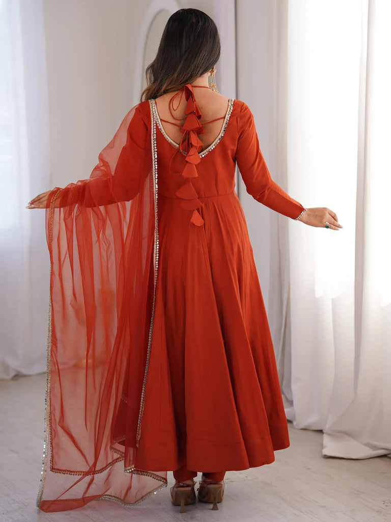 Alluring Rust Orange Lace Work Roman Silk Festive Wear Anarkali Pant Suit