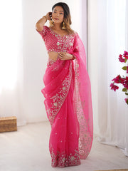 Astonishing Pink Sequins Organza Reception Wear Saree With Blouse