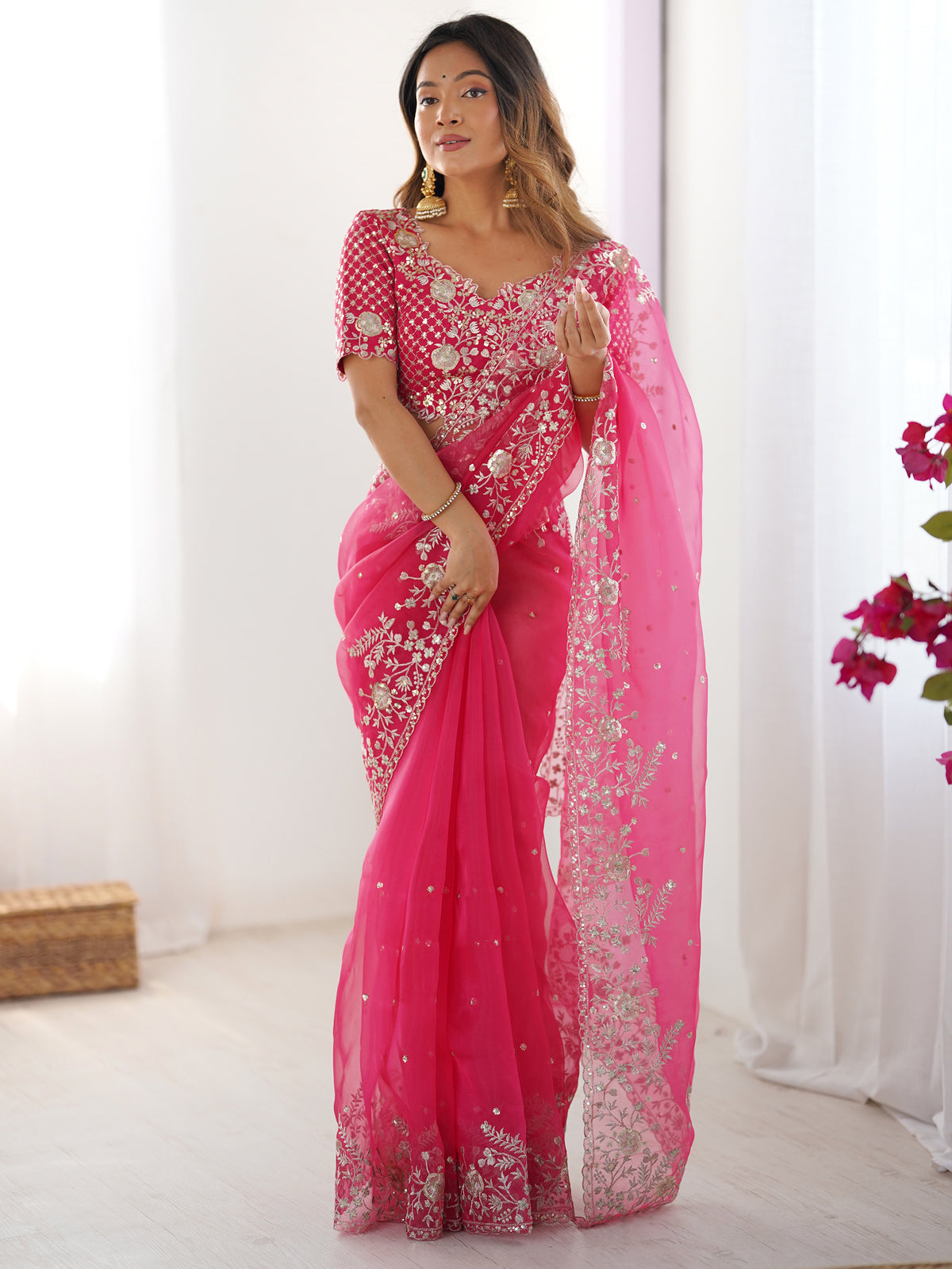 Astonishing Pink Sequins Organza Reception Wear Saree With Blouse