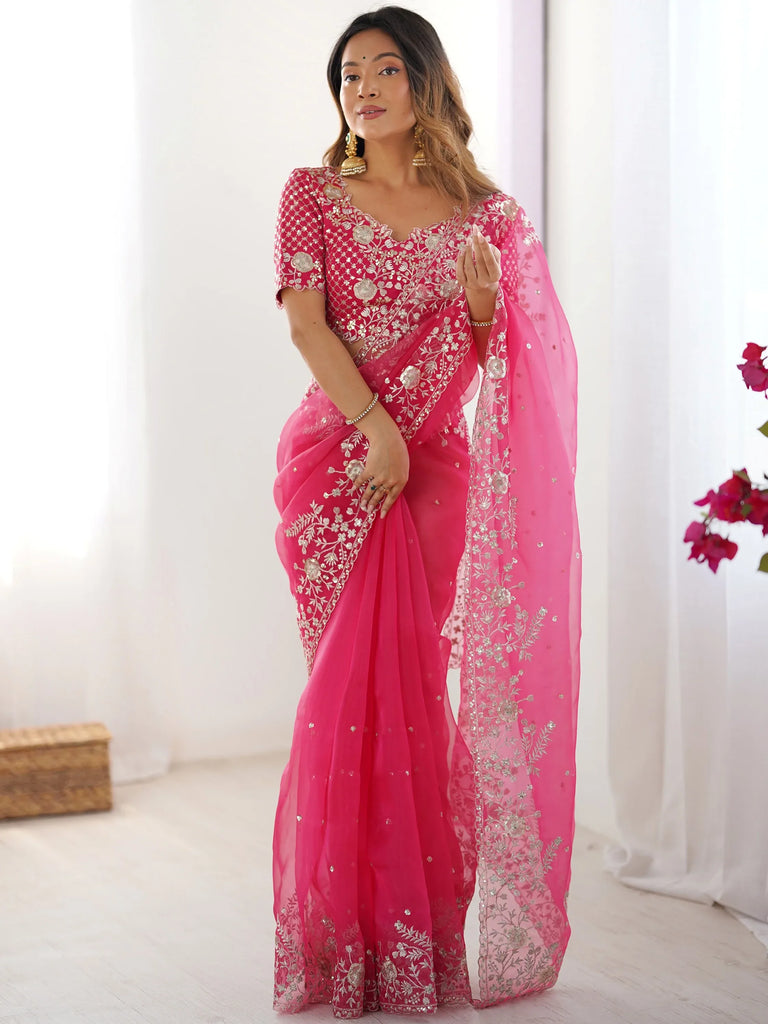 Astonishing Pink Sequins Organza Reception Wear Saree With Blouse