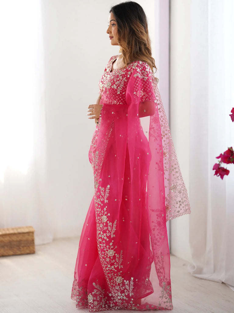 Astonishing Pink Sequins Organza Reception Wear Saree With Blouse