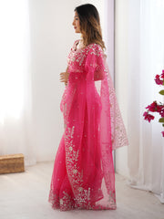 Astonishing Pink Sequins Organza Reception Wear Saree With Blouse