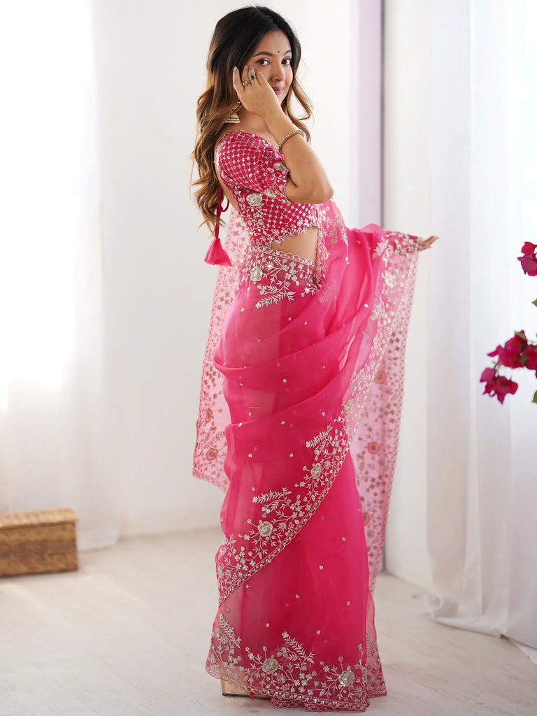 Astonishing Pink Sequins Organza Reception Wear Saree With Blouse