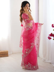 Astonishing Pink Sequins Organza Reception Wear Saree With Blouse
