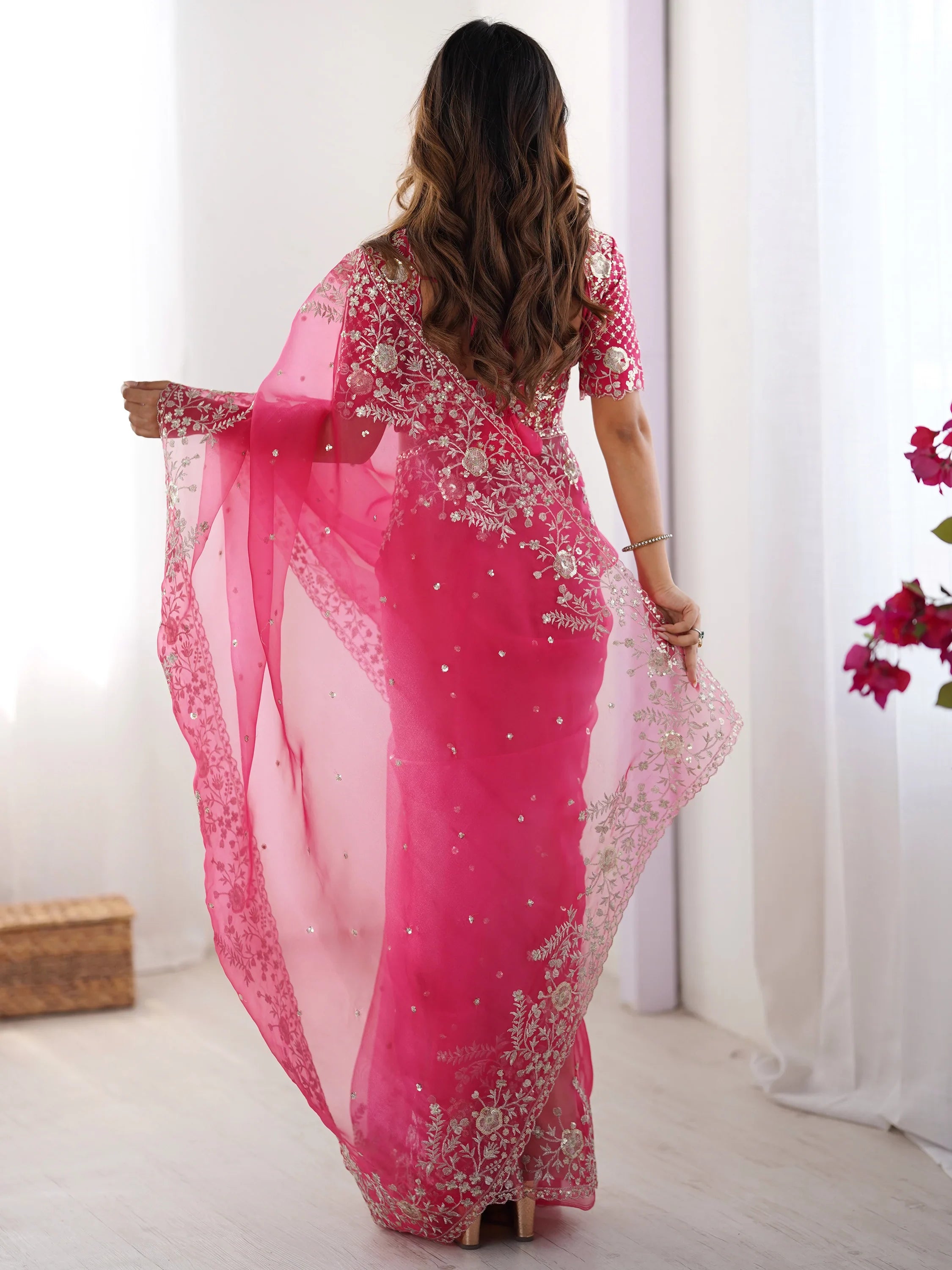 Astonishing Pink Sequins Organza Reception Wear Saree With Blouse