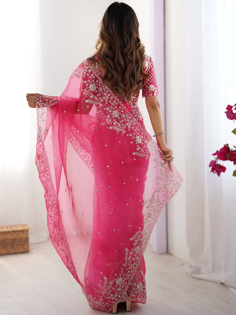 Astonishing Pink Sequins Organza Reception Wear Saree With Blouse