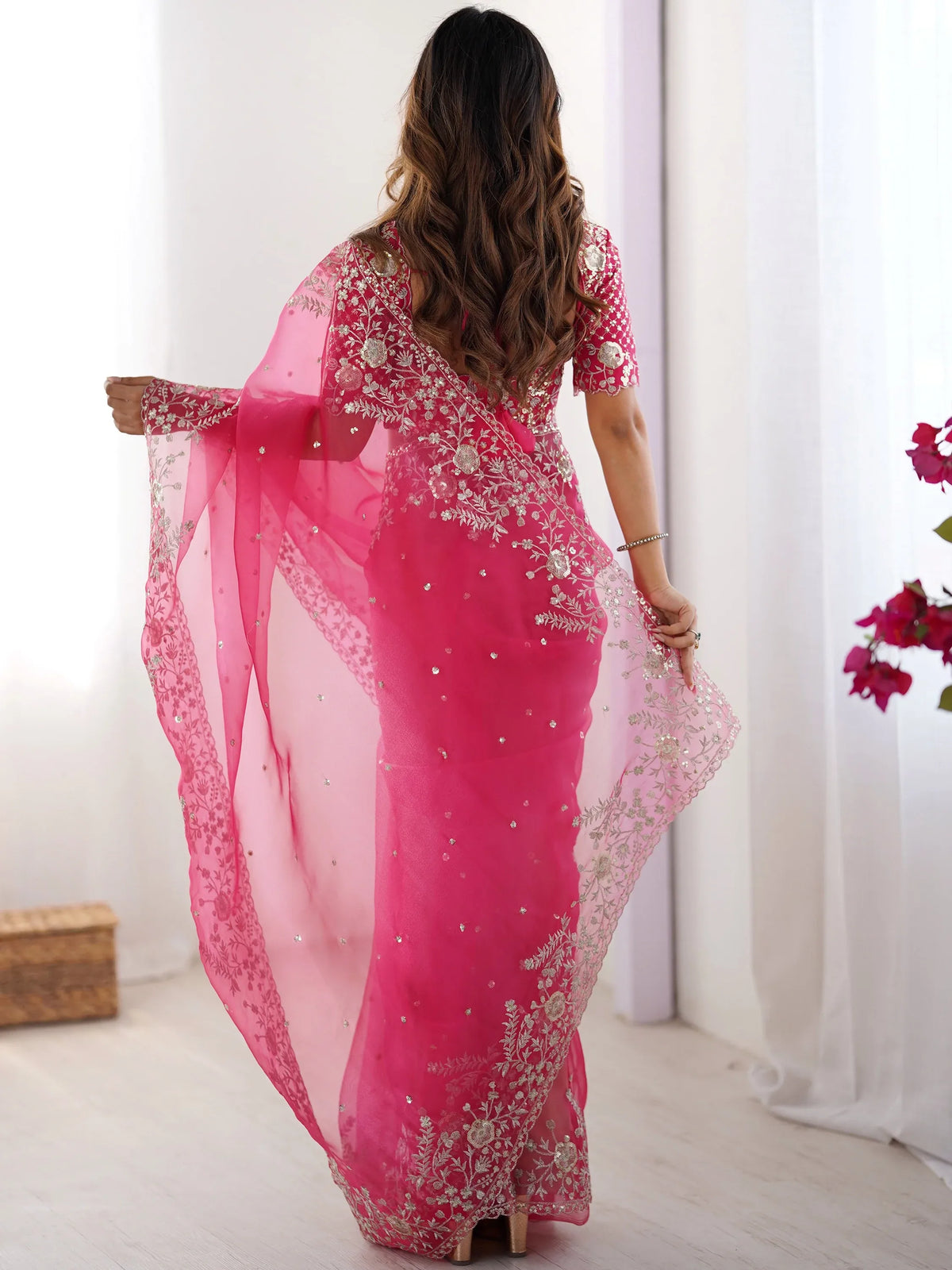 Astonishing Pink Sequins Organza Reception Wear Saree With Blouse