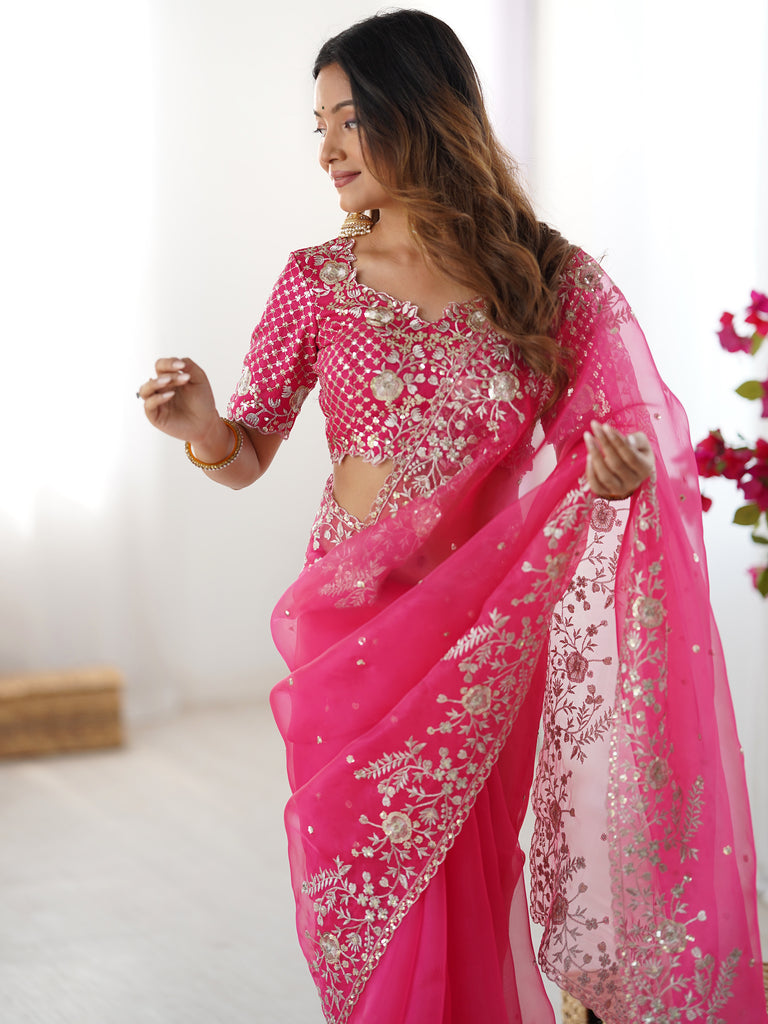Astonishing Pink Sequins Organza Reception Wear Saree With Blouse