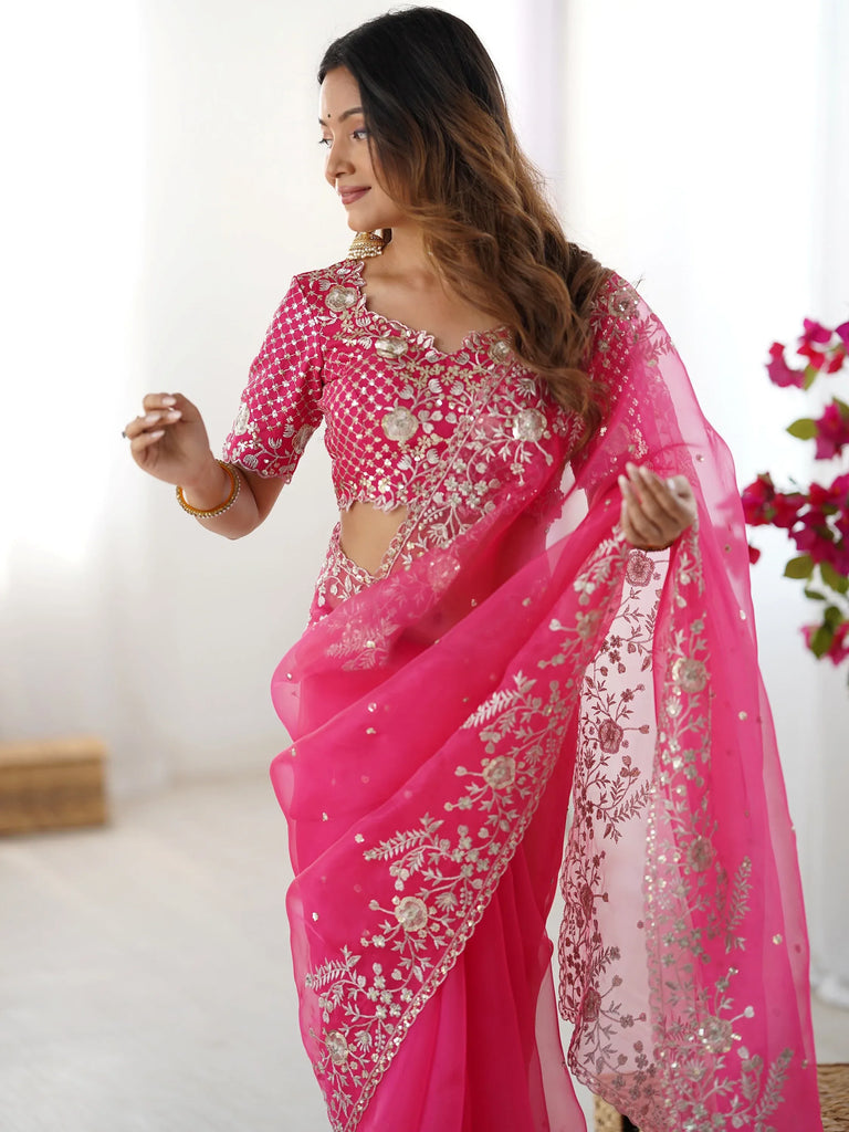Astonishing Pink Sequins Organza Reception Wear Saree With Blouse