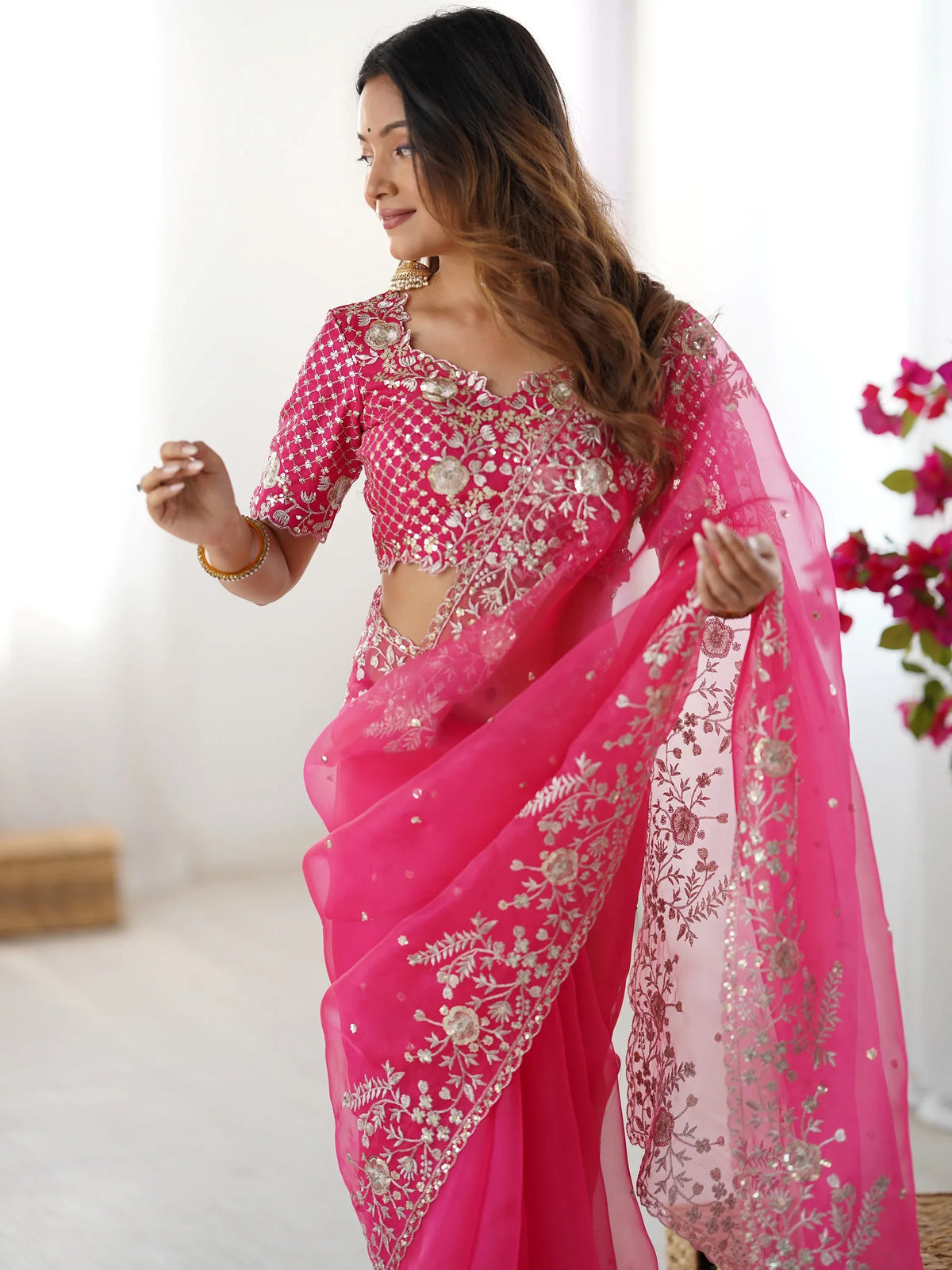 Astonishing Pink Sequins Organza Reception Wear Saree With Blouse
