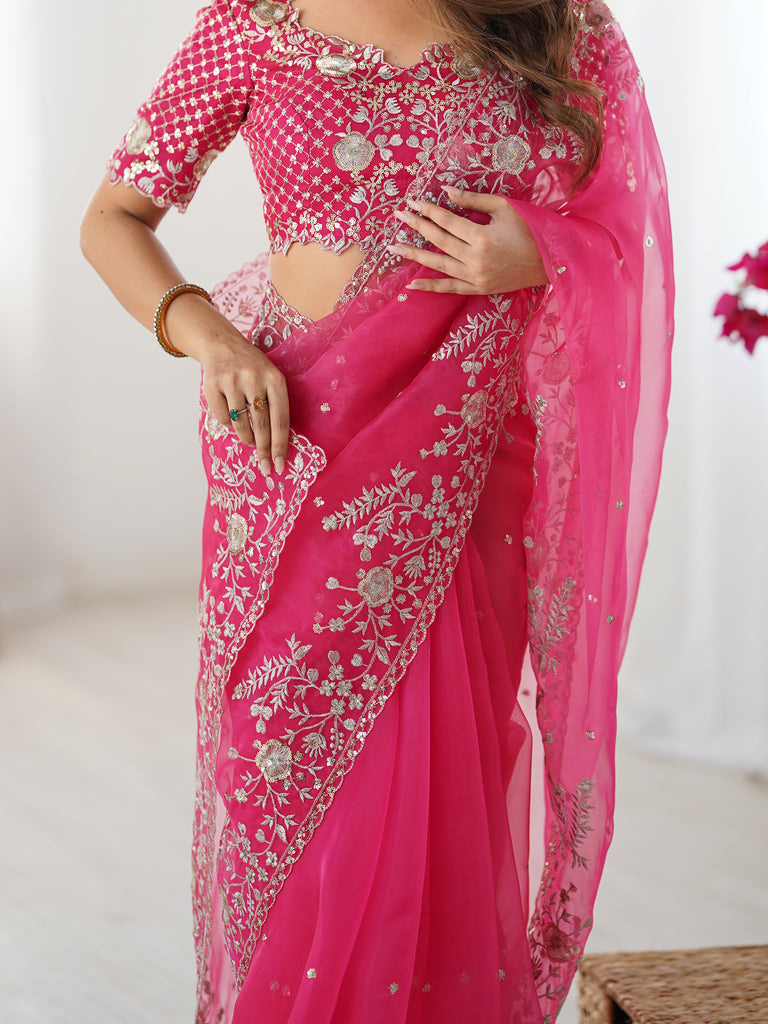 Astonishing Pink Sequins Organza Reception Wear Saree With Blouse