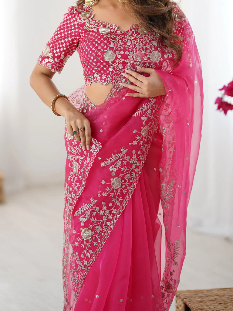 Astonishing Pink Sequins Organza Reception Wear Saree With Blouse
