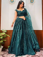 Glamorous Teal Green Sequins Georgette Party Wear Lehenga Choli