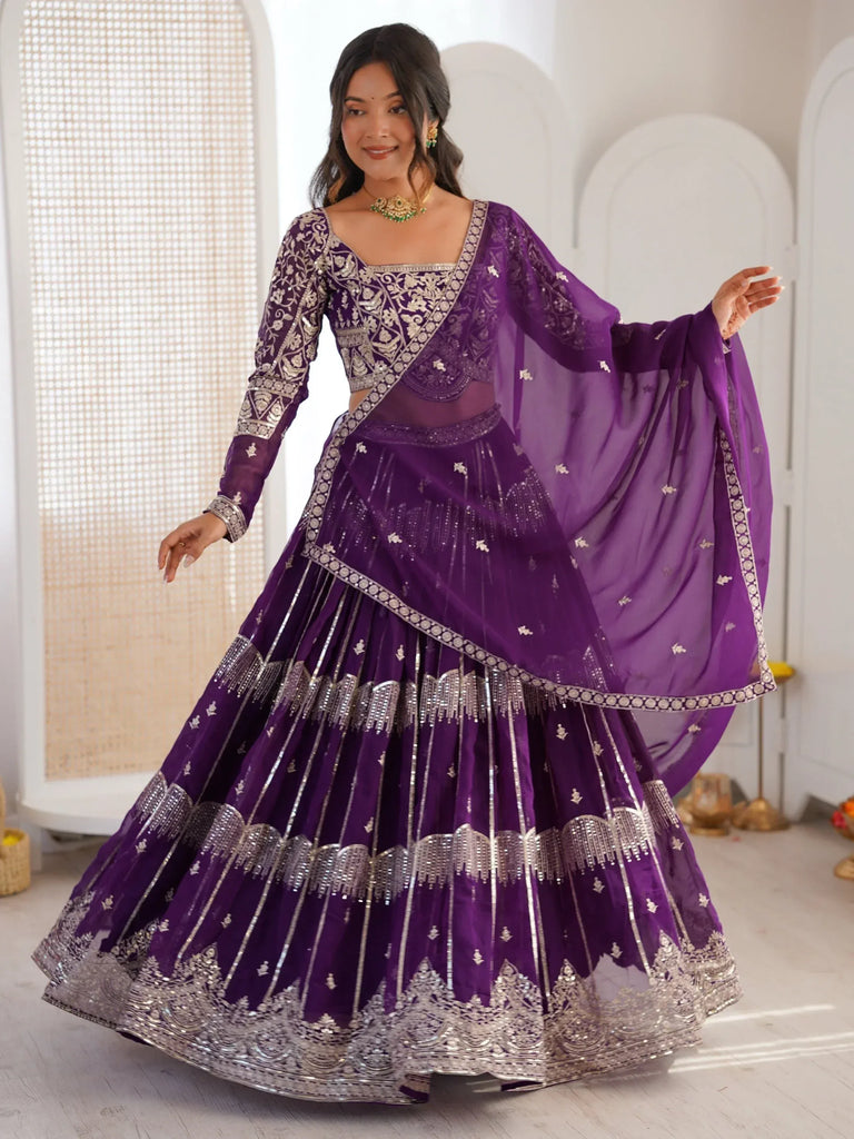 Classy Purple Thread Work Georgette Sangeet Wear Lehenga Choli